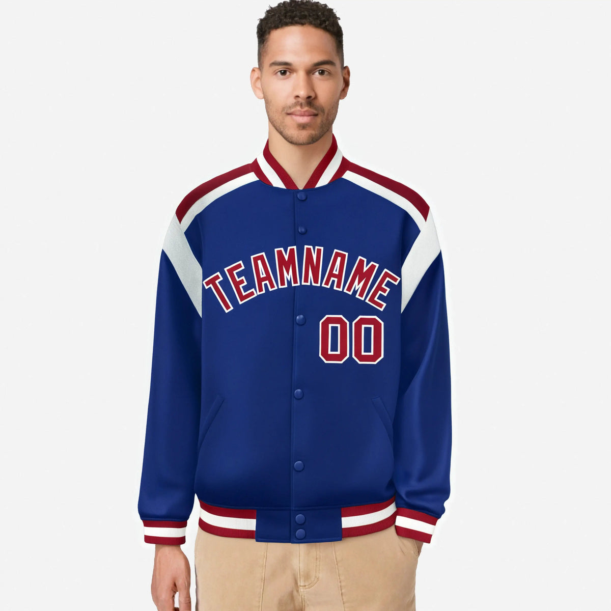 Custom Thunder Blue Red-White Bomber Full-Snap Varsity Letterman Shoulder Stripe Jacket