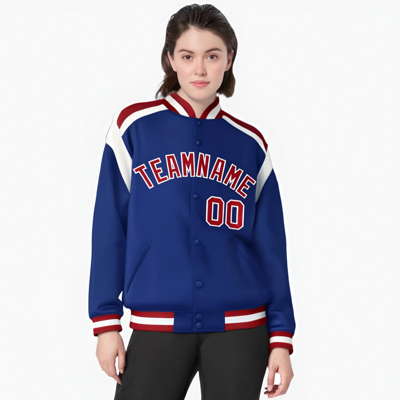 Custom Thunder Blue Red-White Bomber Full-Snap Varsity Letterman Shoulder Stripe Jacket