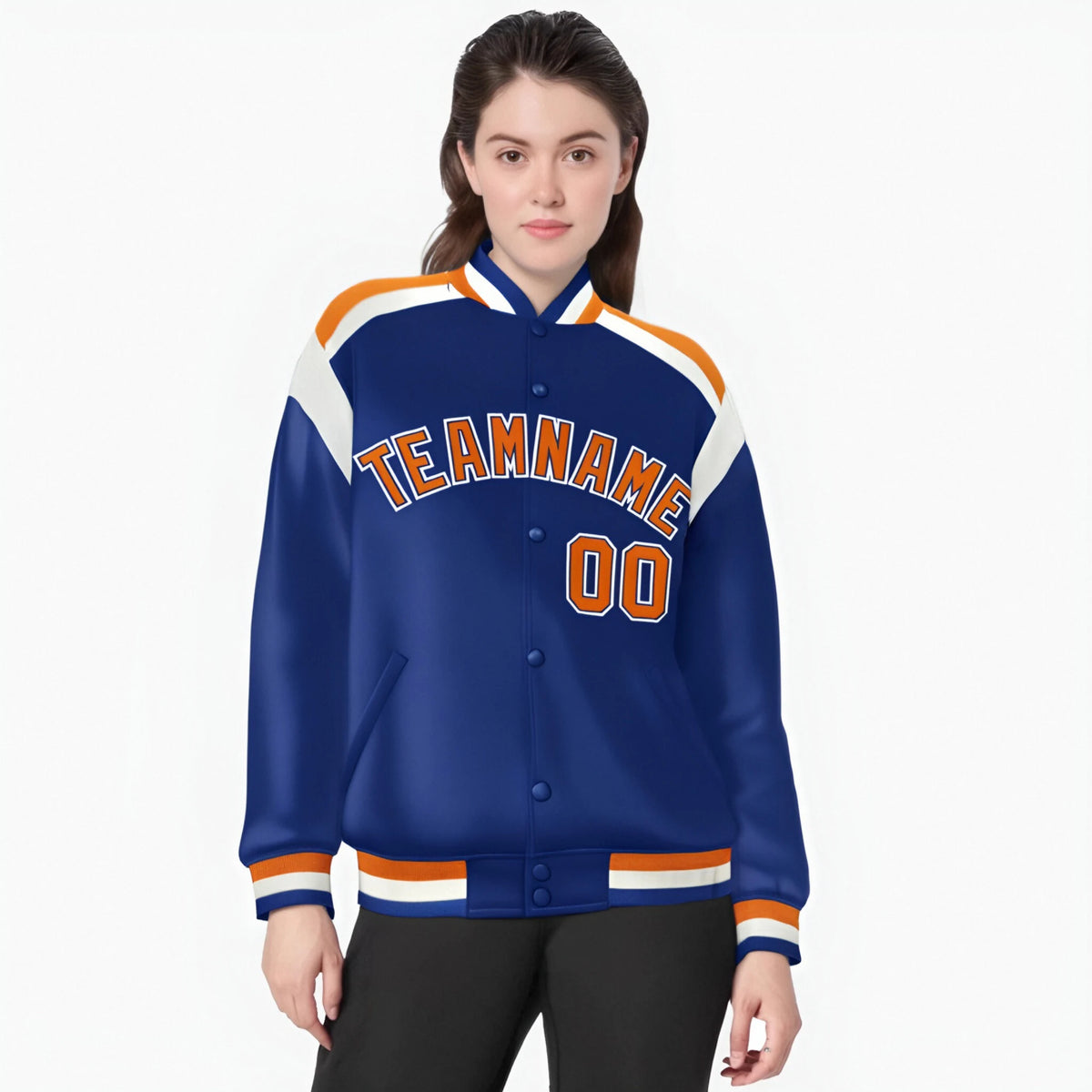 Custom Thunder Blue Orange-White Bomber Full-Snap Varsity Letterman Shoulder Stripe Jacket
