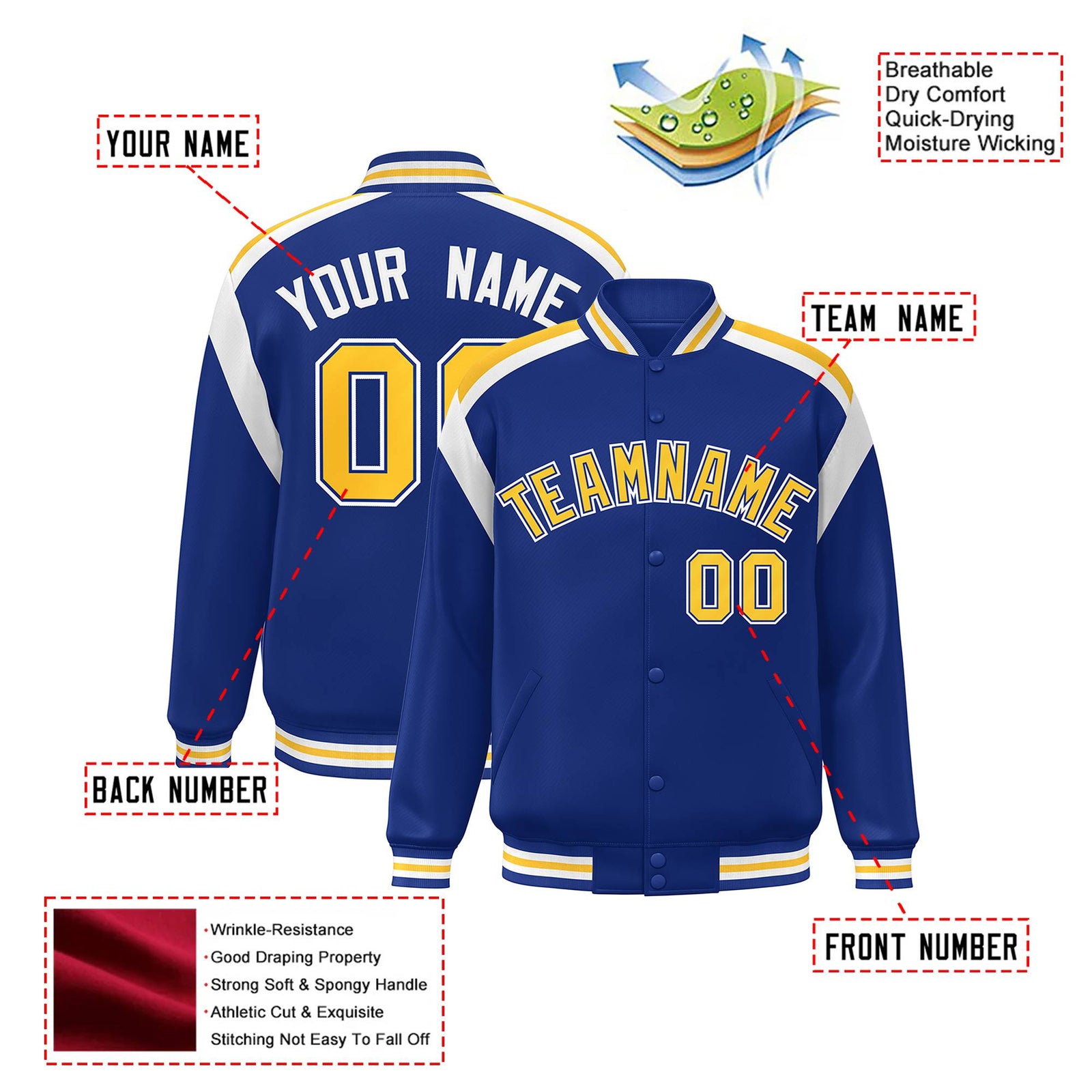 Custom Thunder Blue Yellow-White Bomber Full-Snap Varsity Letterman Shoulder Stripe Jacket