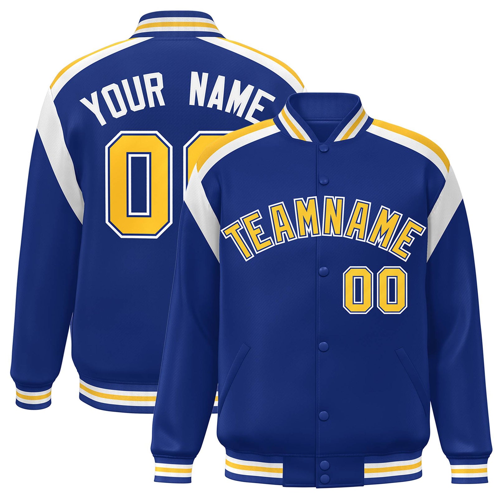 Custom Thunder Blue Yellow-White Bomber Full-Snap Varsity Letterman Shoulder Stripe Jacket