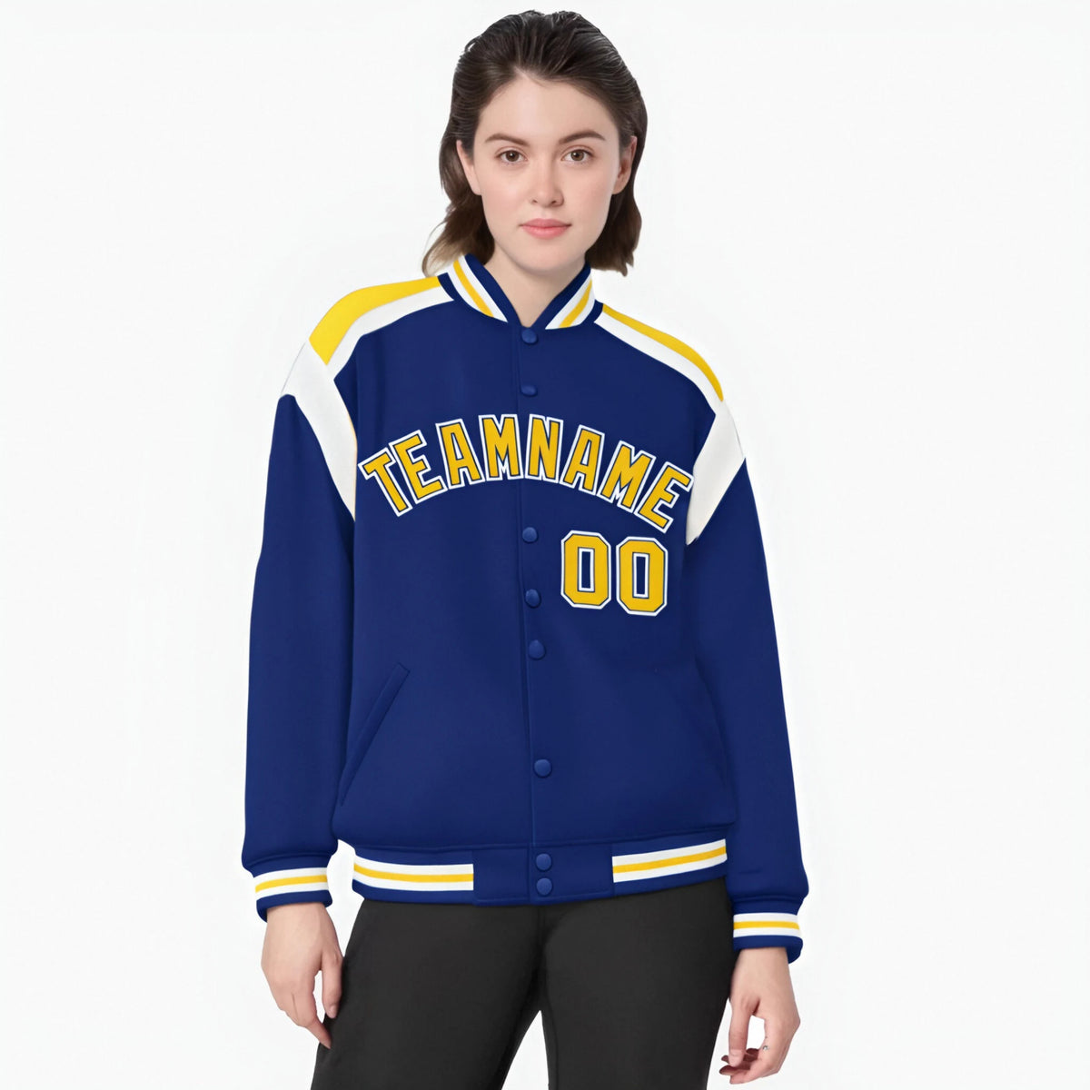 Custom Thunder Blue Yellow-White Bomber Full-Snap Varsity Letterman Shoulder Stripe Jacket