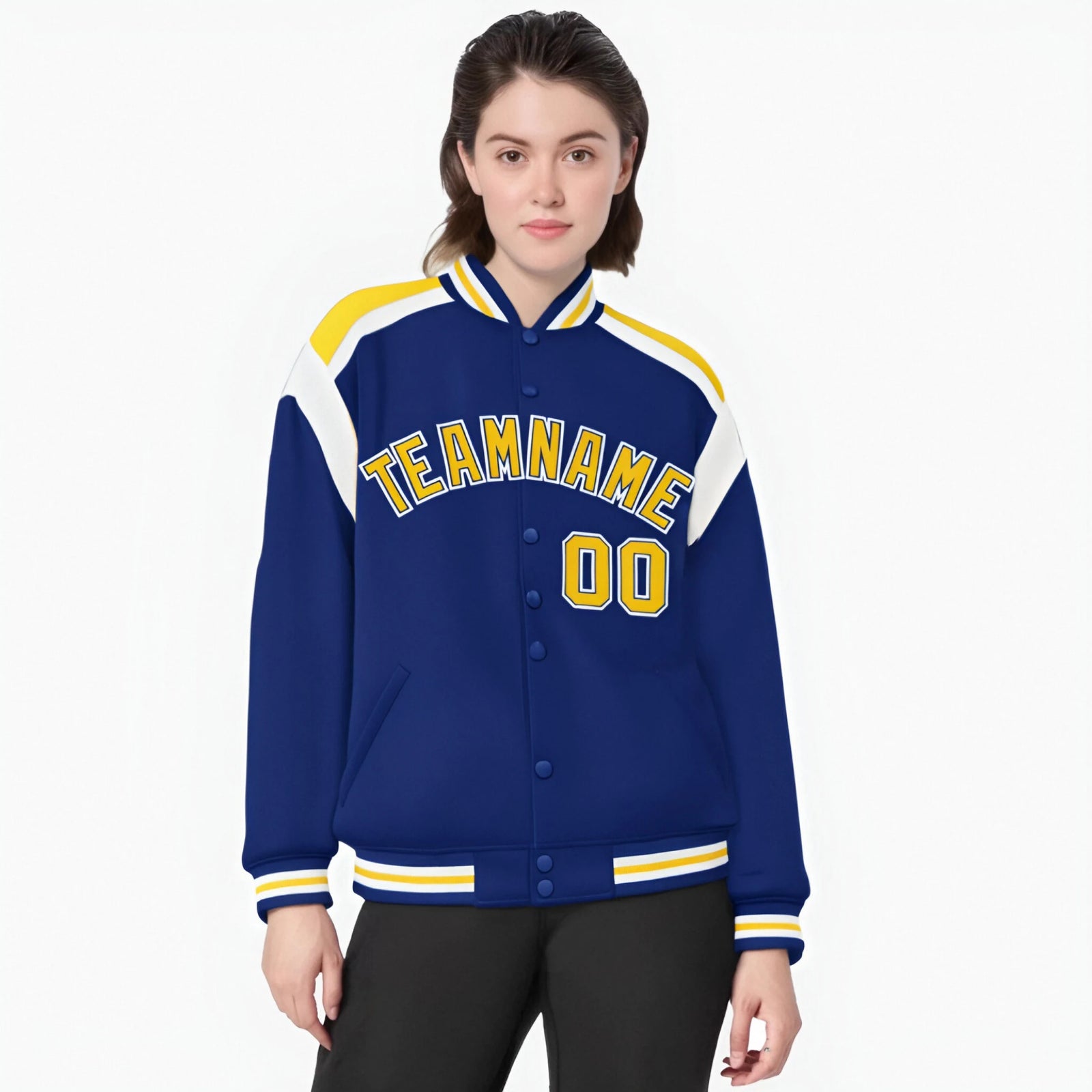 Custom Thunder Blue Yellow-White Bomber Full-Snap Varsity Letterman Shoulder Stripe Jacket