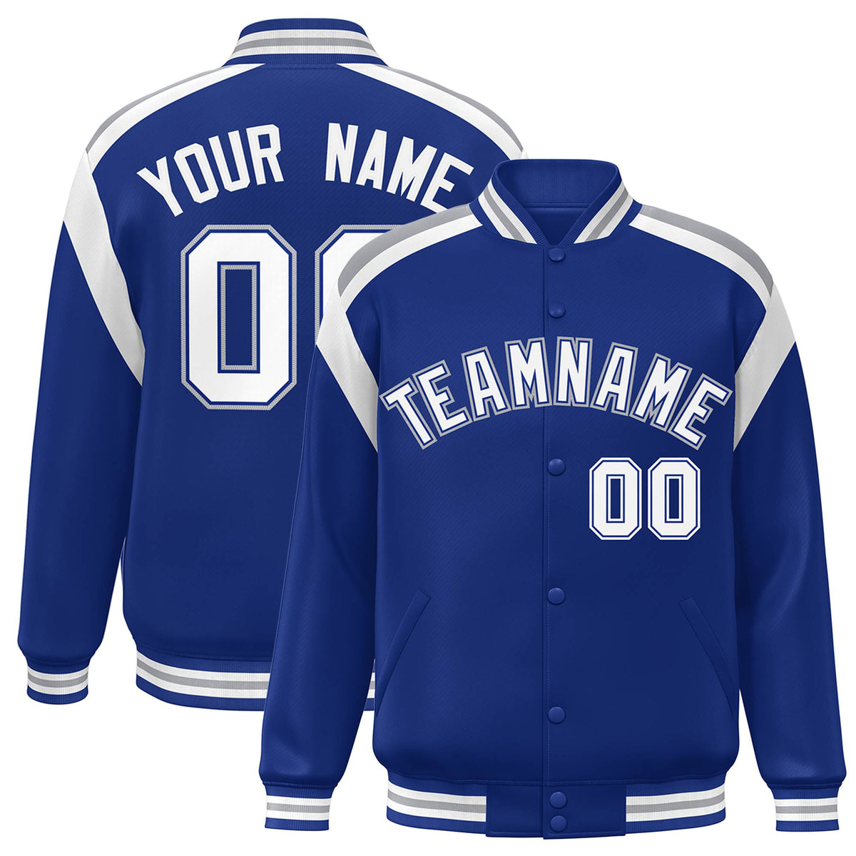 Custom Thunder Blue Gray-White Bomber Full-Snap Varsity Letterman Shoulder Stripe Jacket