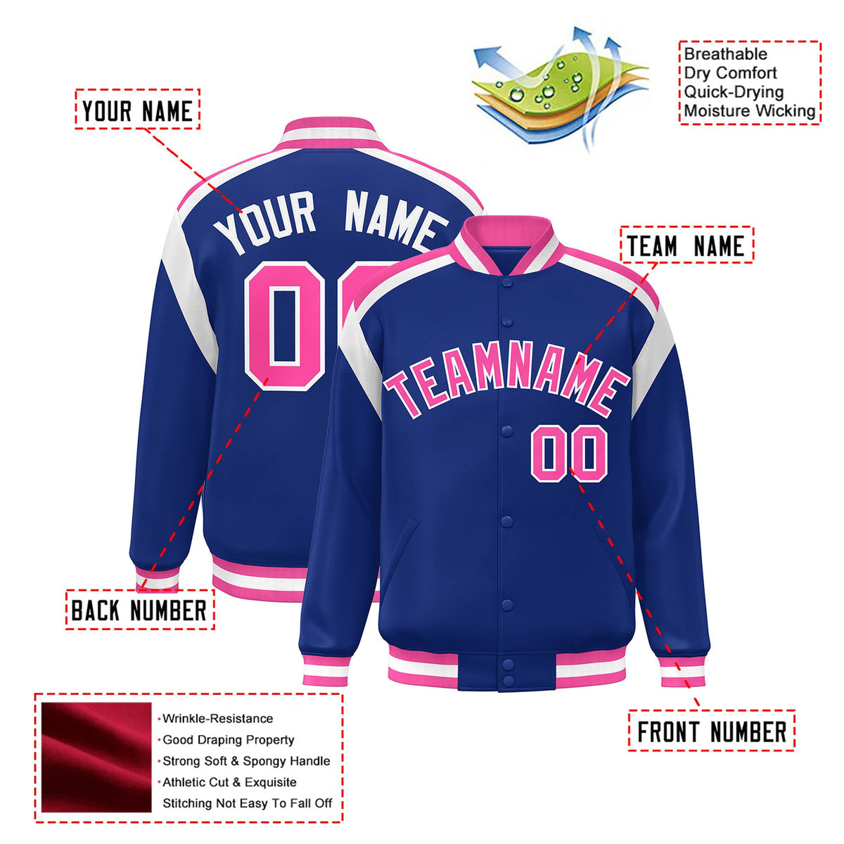 Custom Thunder Blue Pink-White Bomber Full-Snap Varsity Letterman Shoulder Stripe Jacket