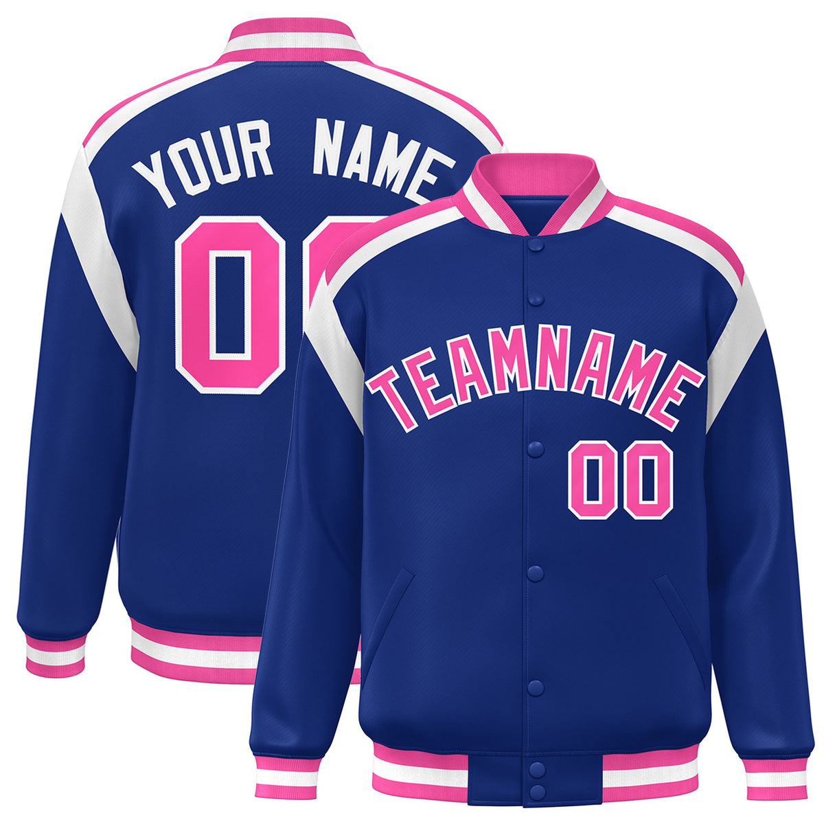 Custom Thunder Blue Pink-White Bomber Full-Snap Varsity Letterman Shoulder Stripe Jacket