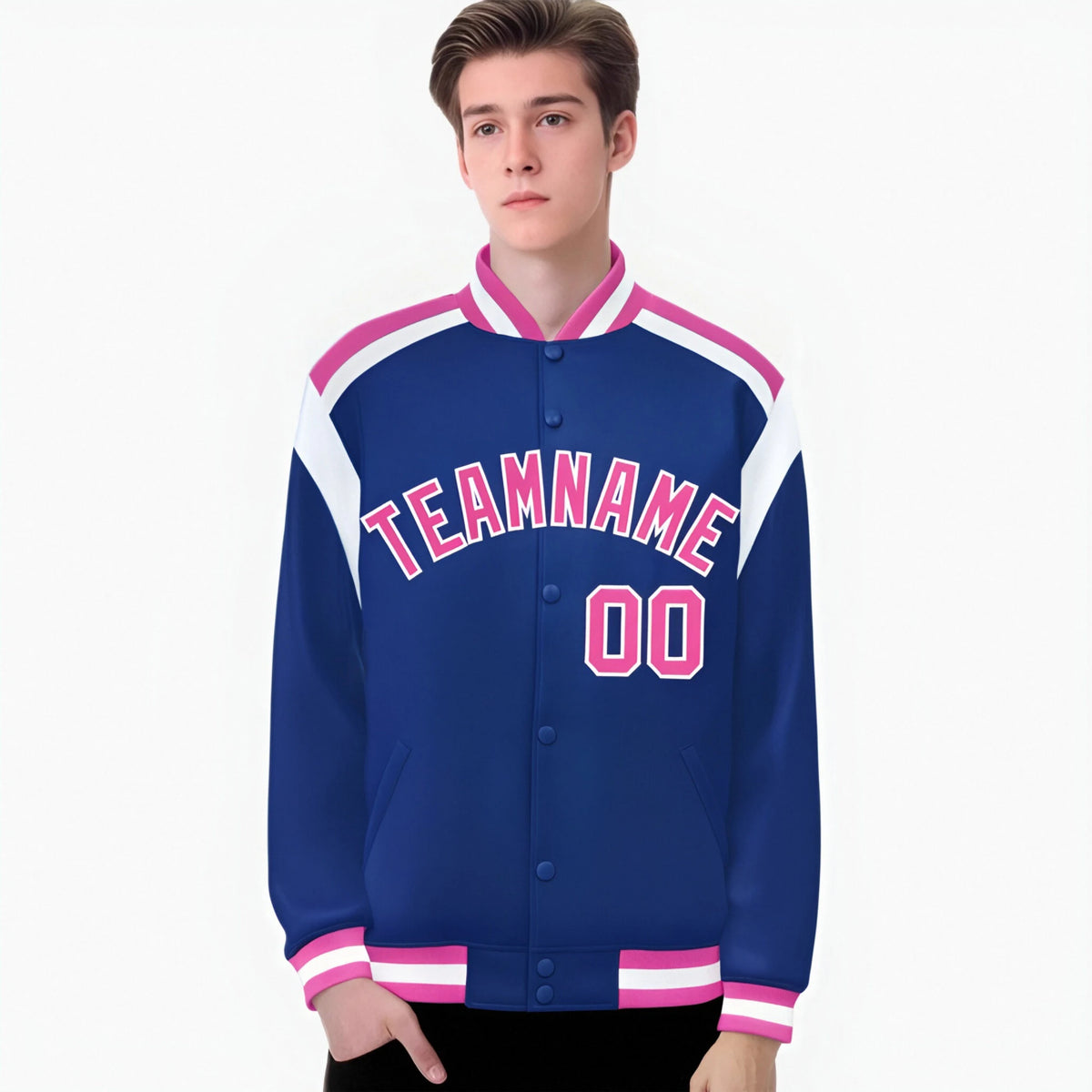 Custom Thunder Blue Pink-White Bomber Full-Snap Varsity Letterman Shoulder Stripe Jacket