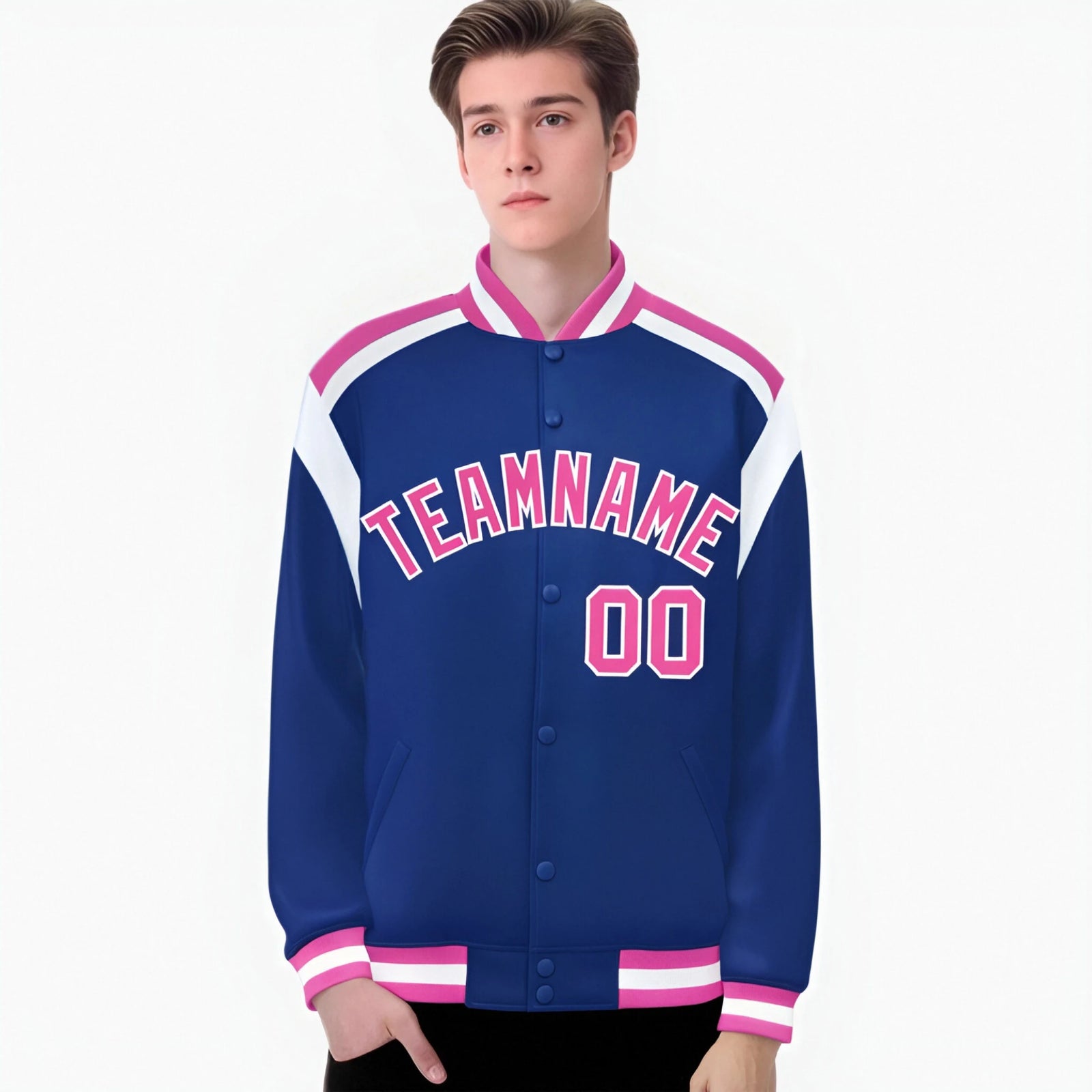 Custom Thunder Blue Pink-White Bomber Full-Snap Varsity Letterman Shoulder Stripe Jacket