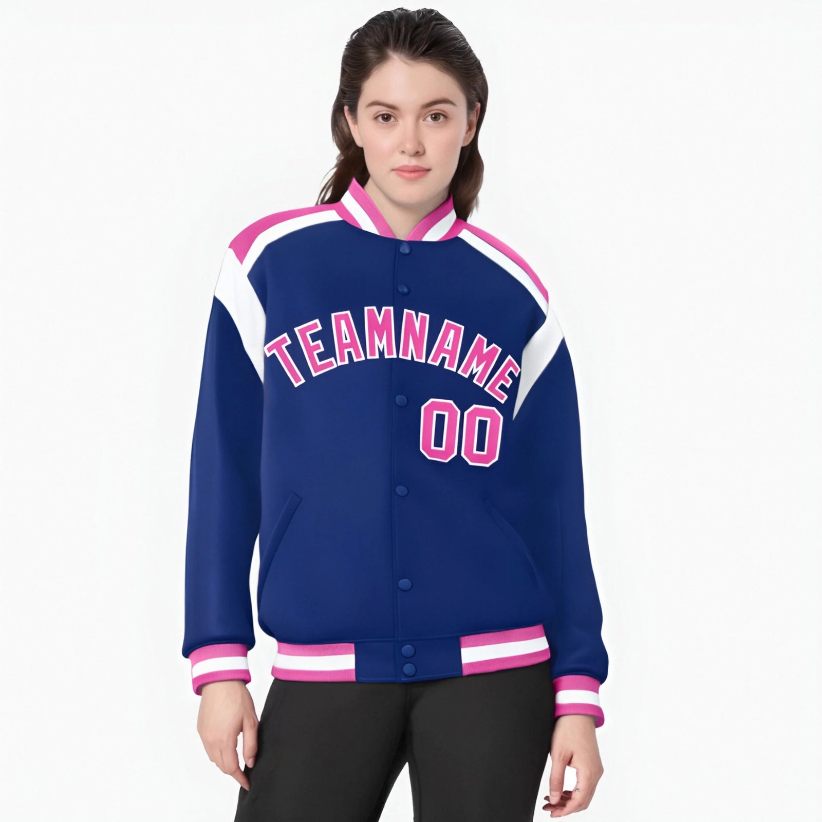 Custom Thunder Blue Pink-White Bomber Full-Snap Varsity Letterman Shoulder Stripe Jacket