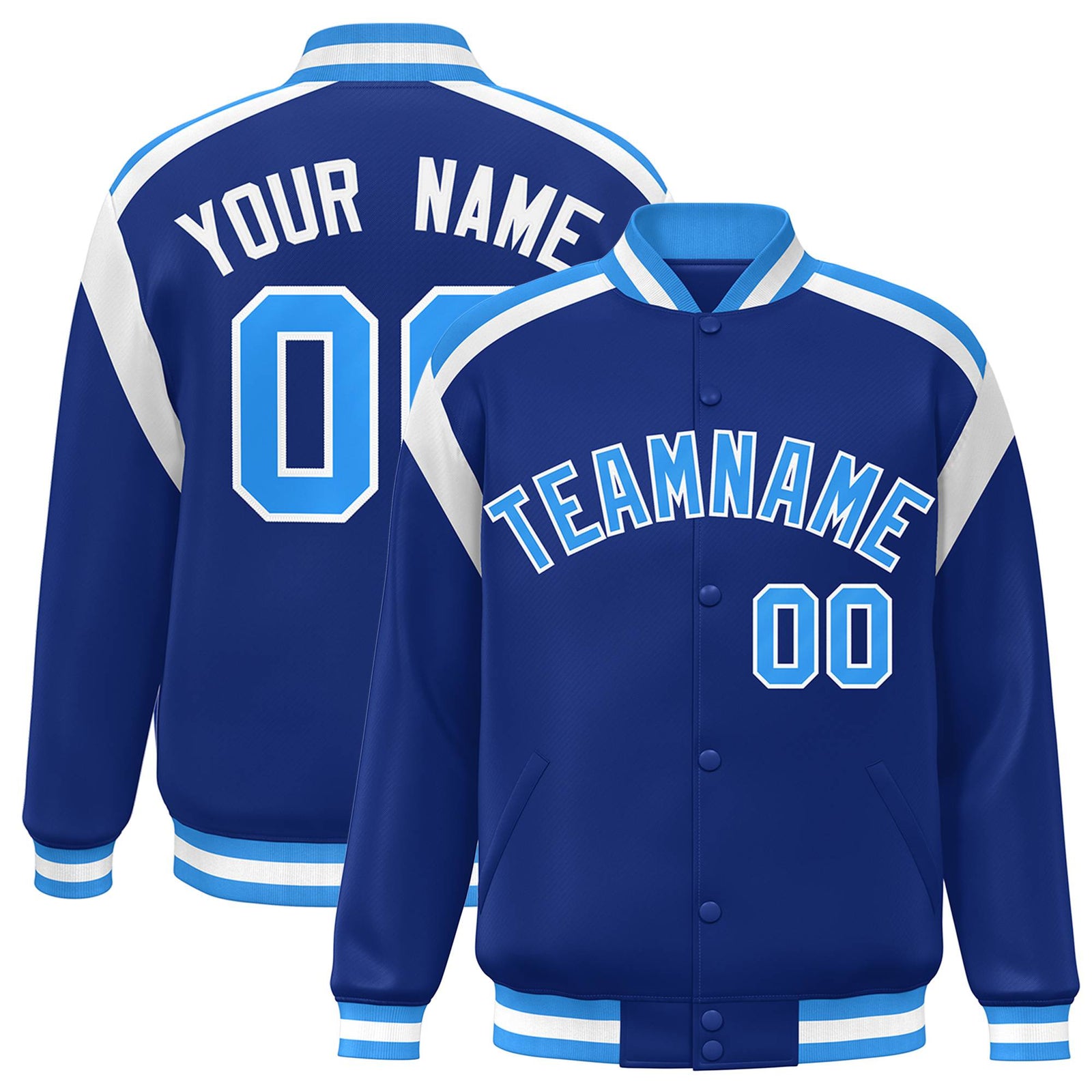 Custom Thunder Blue Light-Blue White Bomber Full-Snap Varsity Letterman Shoulder Stripe Jacket