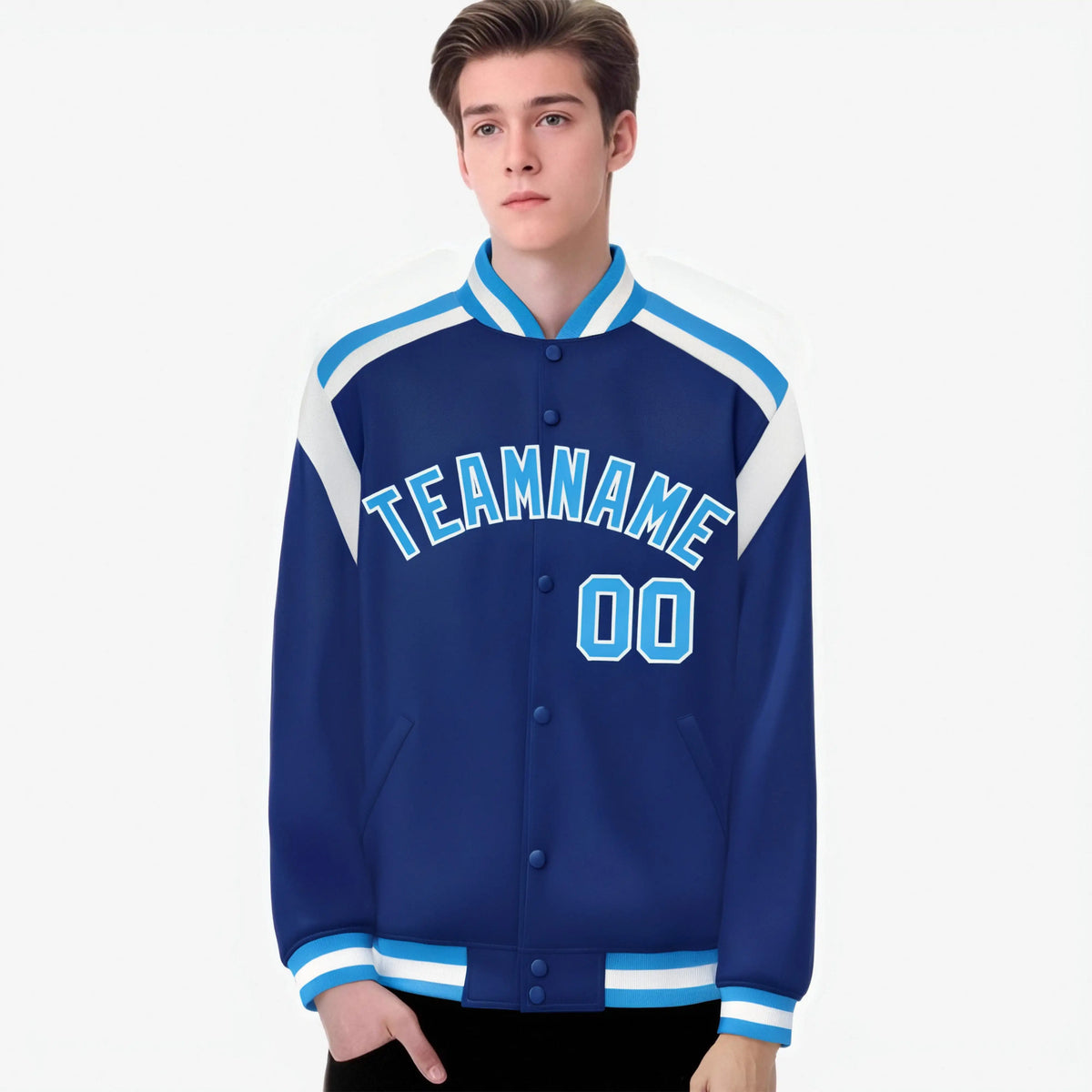 Custom Thunder Blue Light-Blue White Bomber Full-Snap Varsity Letterman Shoulder Stripe Jacket