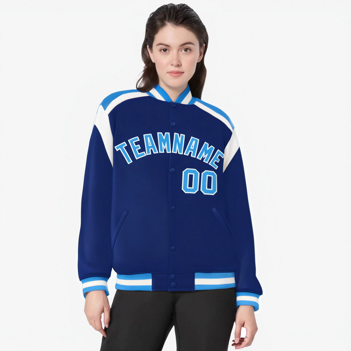 Custom Thunder Blue Light-Blue White Bomber Full-Snap Varsity Letterman Shoulder Stripe Jacket