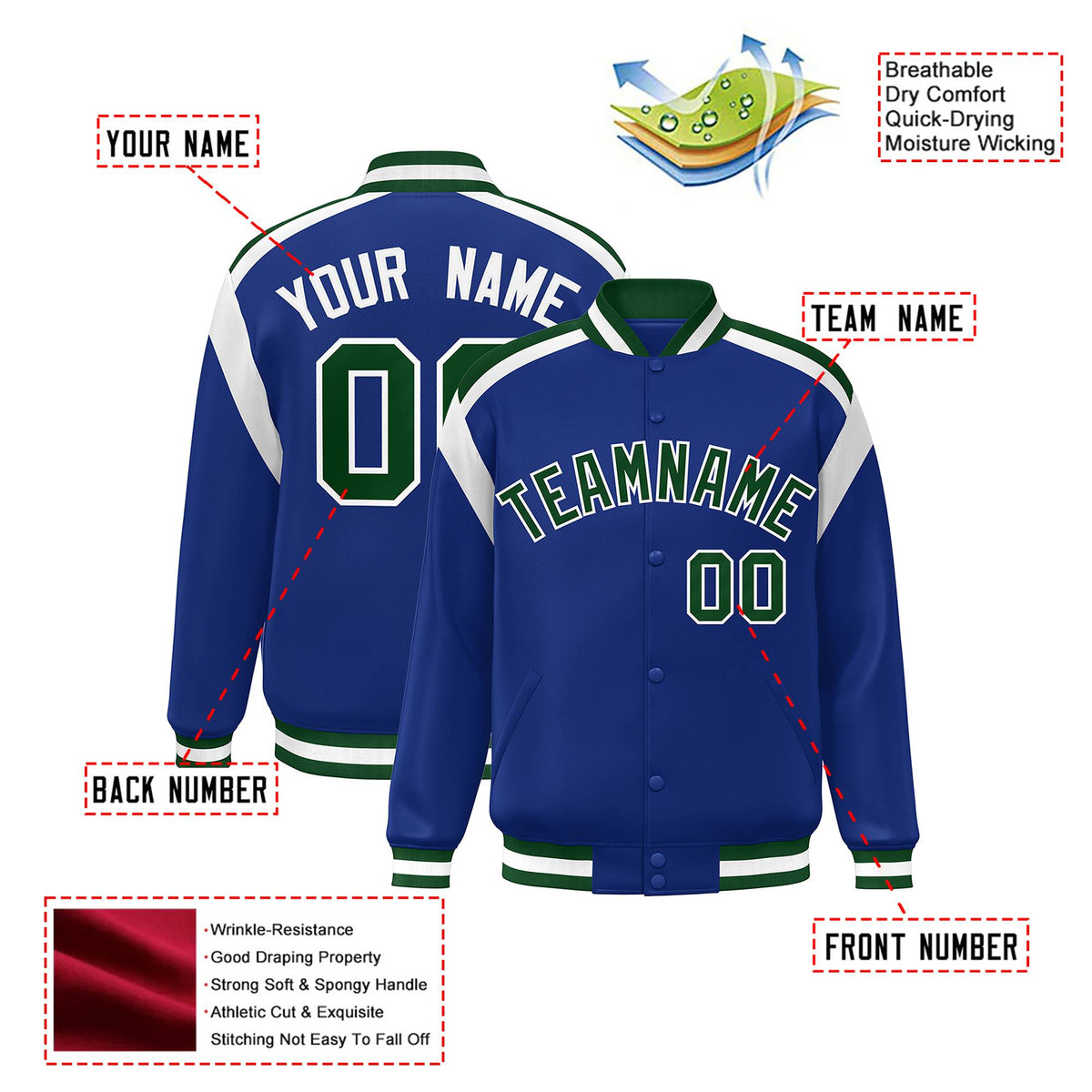 Custom Thunder Blue Green-White Bomber Full-Snap Varsity Letterman Shoulder Stripe Jacket