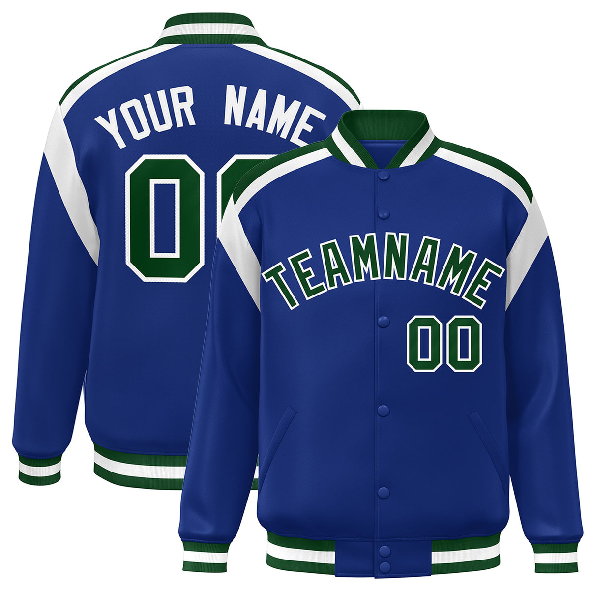 Custom Thunder Blue Green-White Bomber Full-Snap Varsity Letterman Shoulder Stripe Jacket