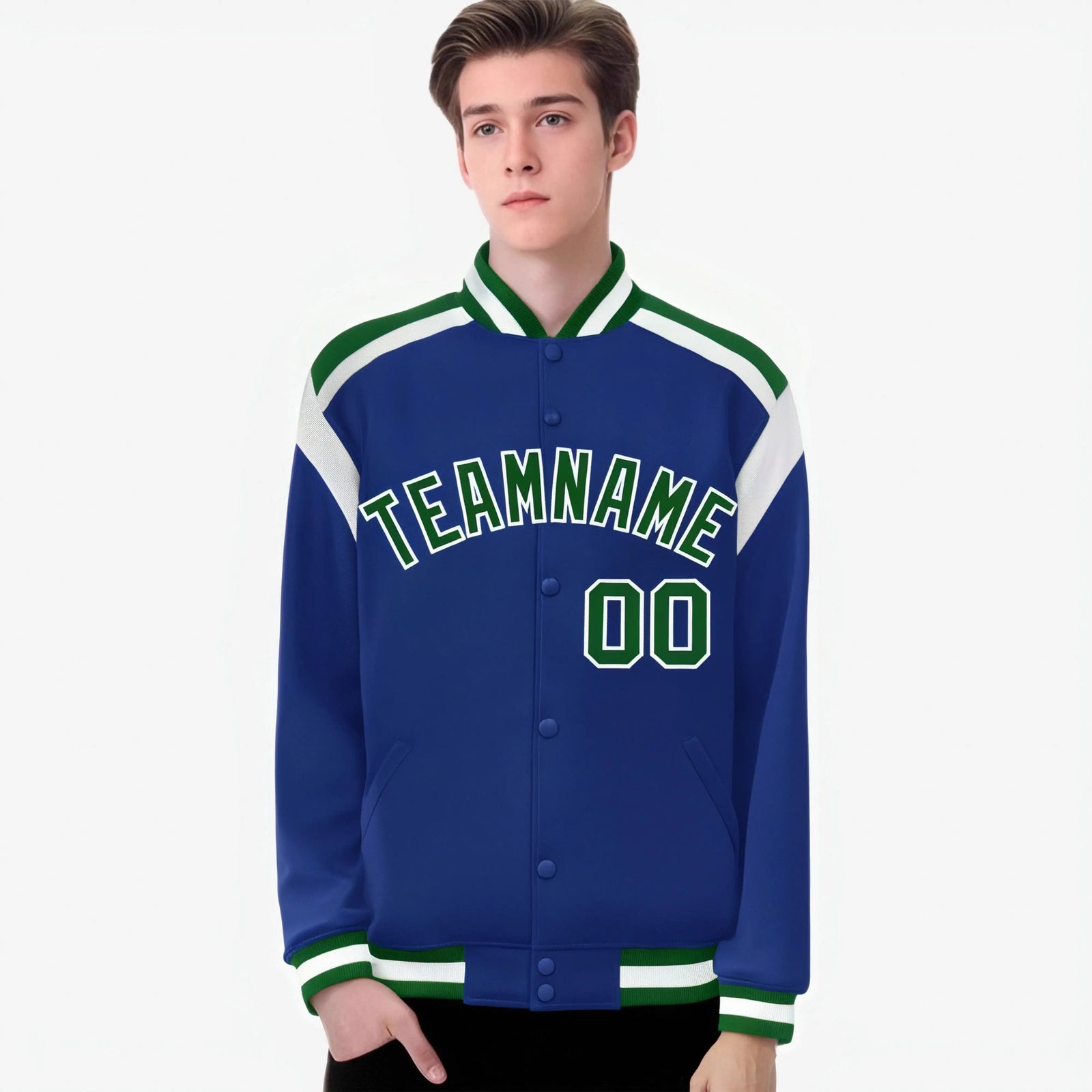Custom Thunder Blue Green-White Bomber Full-Snap Varsity Letterman Shoulder Stripe Jacket