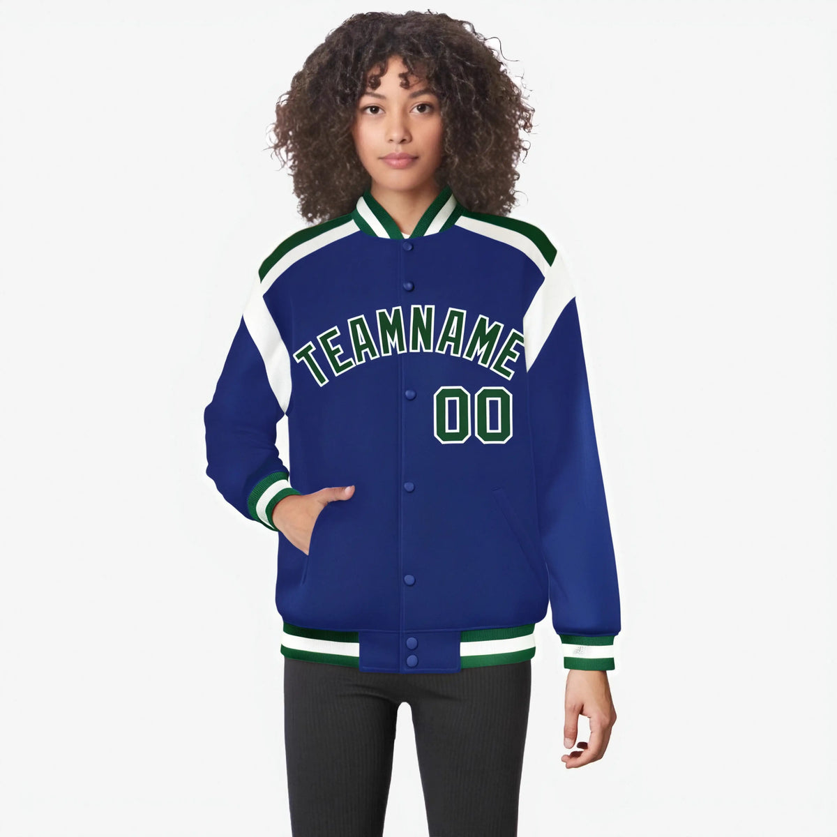 Custom Thunder Blue Green-White Bomber Full-Snap Varsity Letterman Shoulder Stripe Jacket