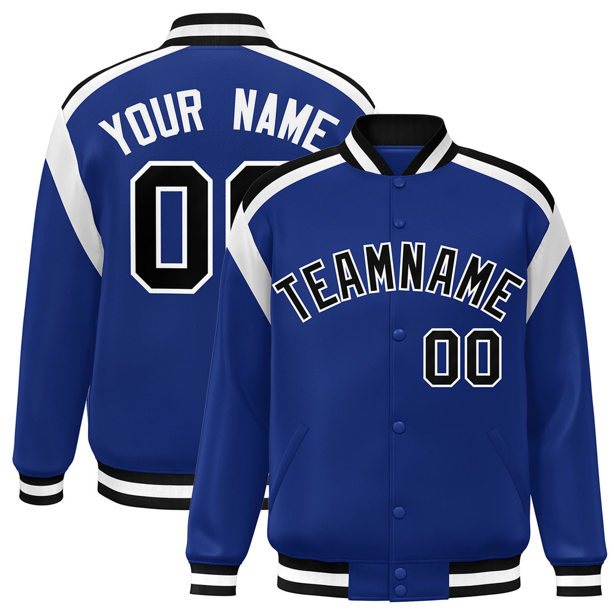 Custom Thunder Blue Black-White Bomber Full-Snap Varsity Letterman Shoulder Stripe Jacket