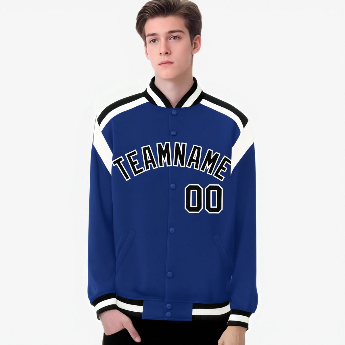 Custom Thunder Blue Black-White Bomber Full-Snap Varsity Letterman Shoulder Stripe Jacket