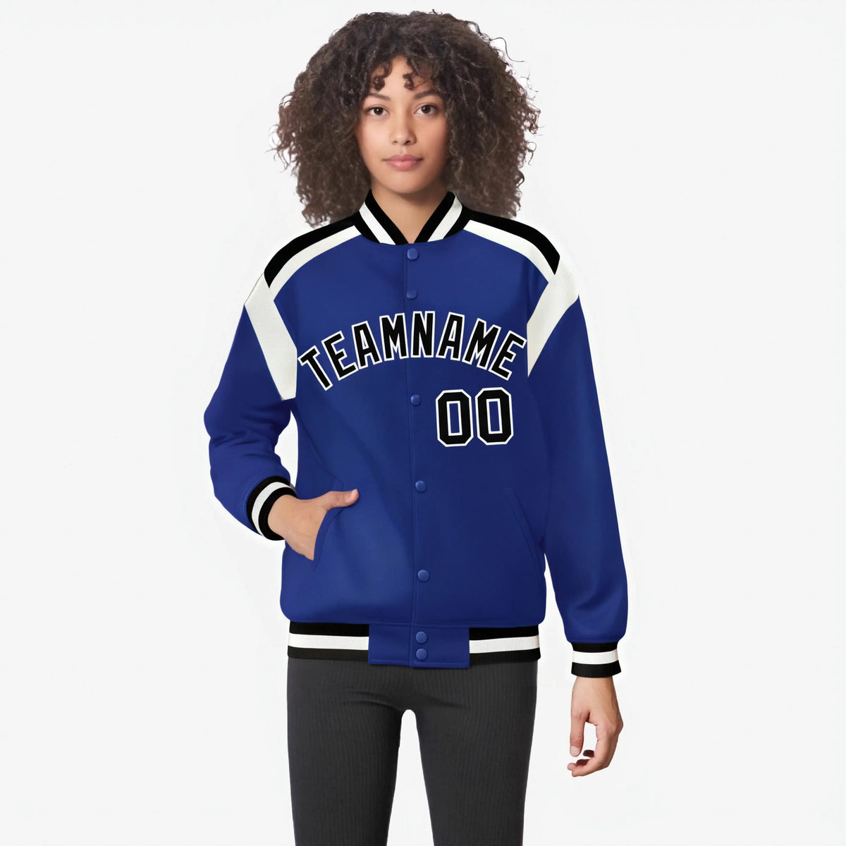Custom Thunder Blue Black-White Bomber Full-Snap Varsity Letterman Shoulder Stripe Jacket