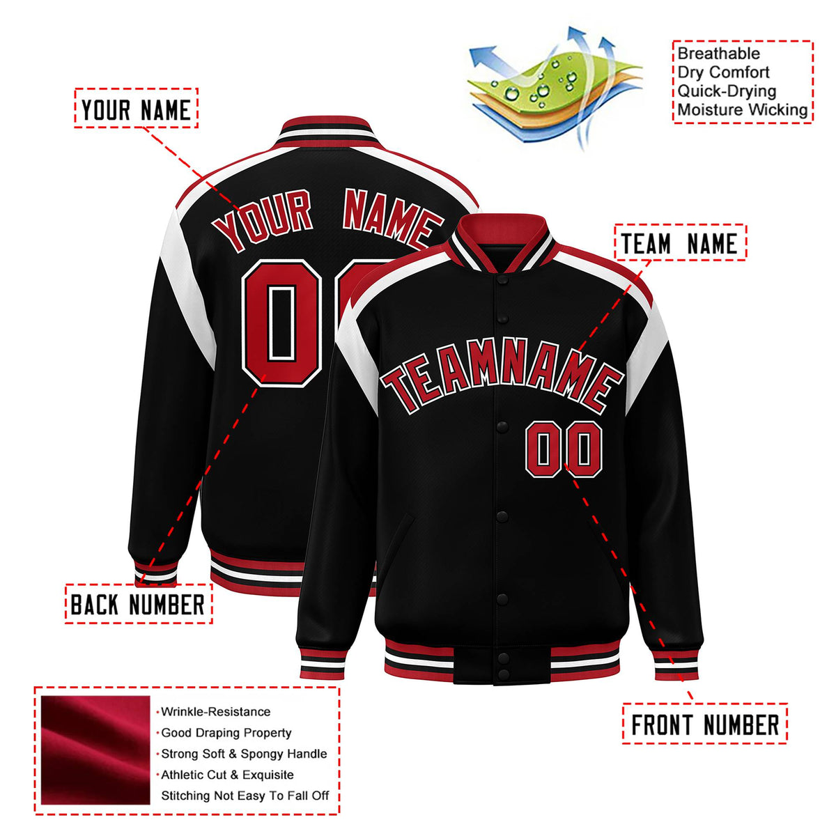 Custom Black Red-White Bomber Full-Snap Varsity Letterman Shoulder Stripe Jacket