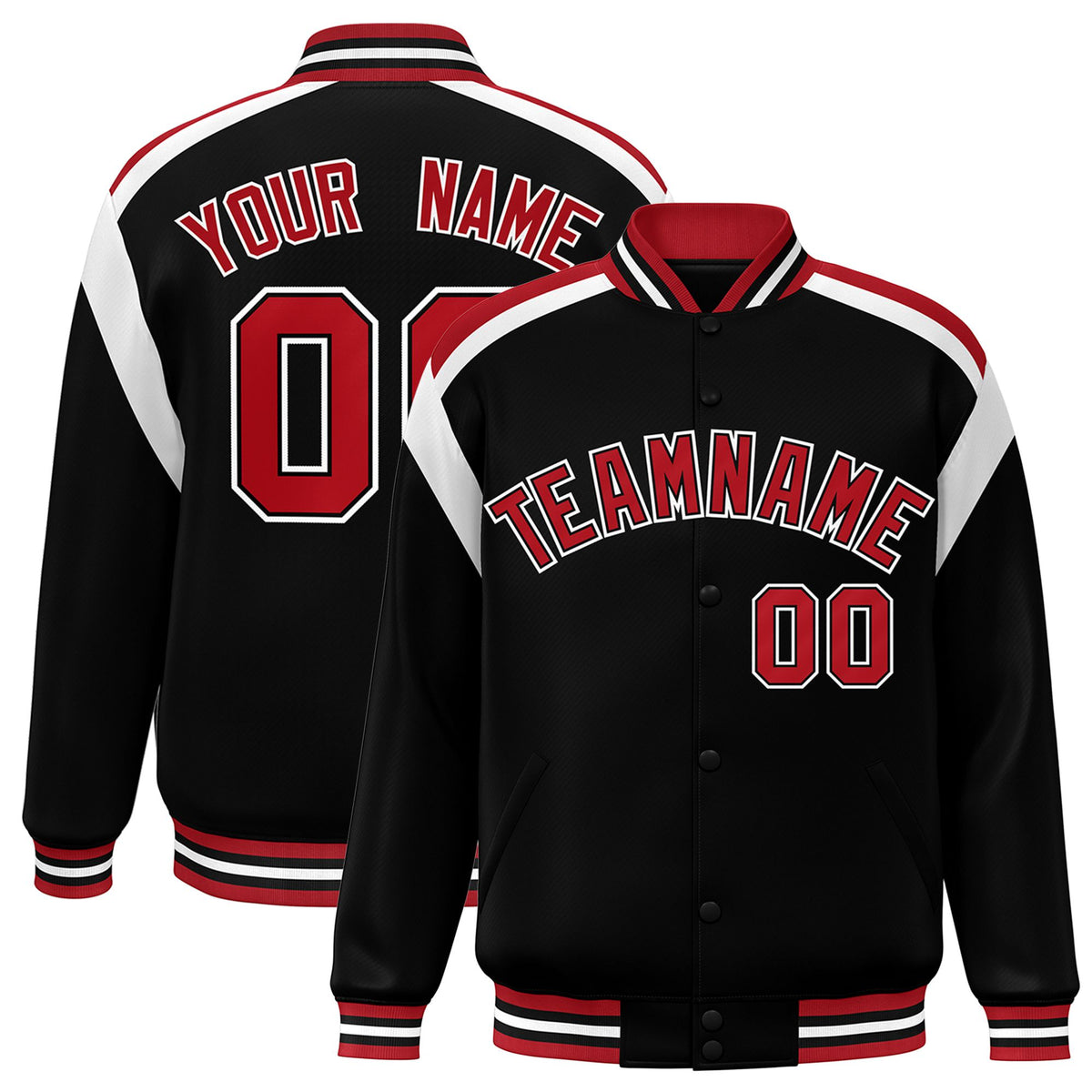 Custom Black Red-White Bomber Full-Snap Varsity Letterman Shoulder Stripe Jacket