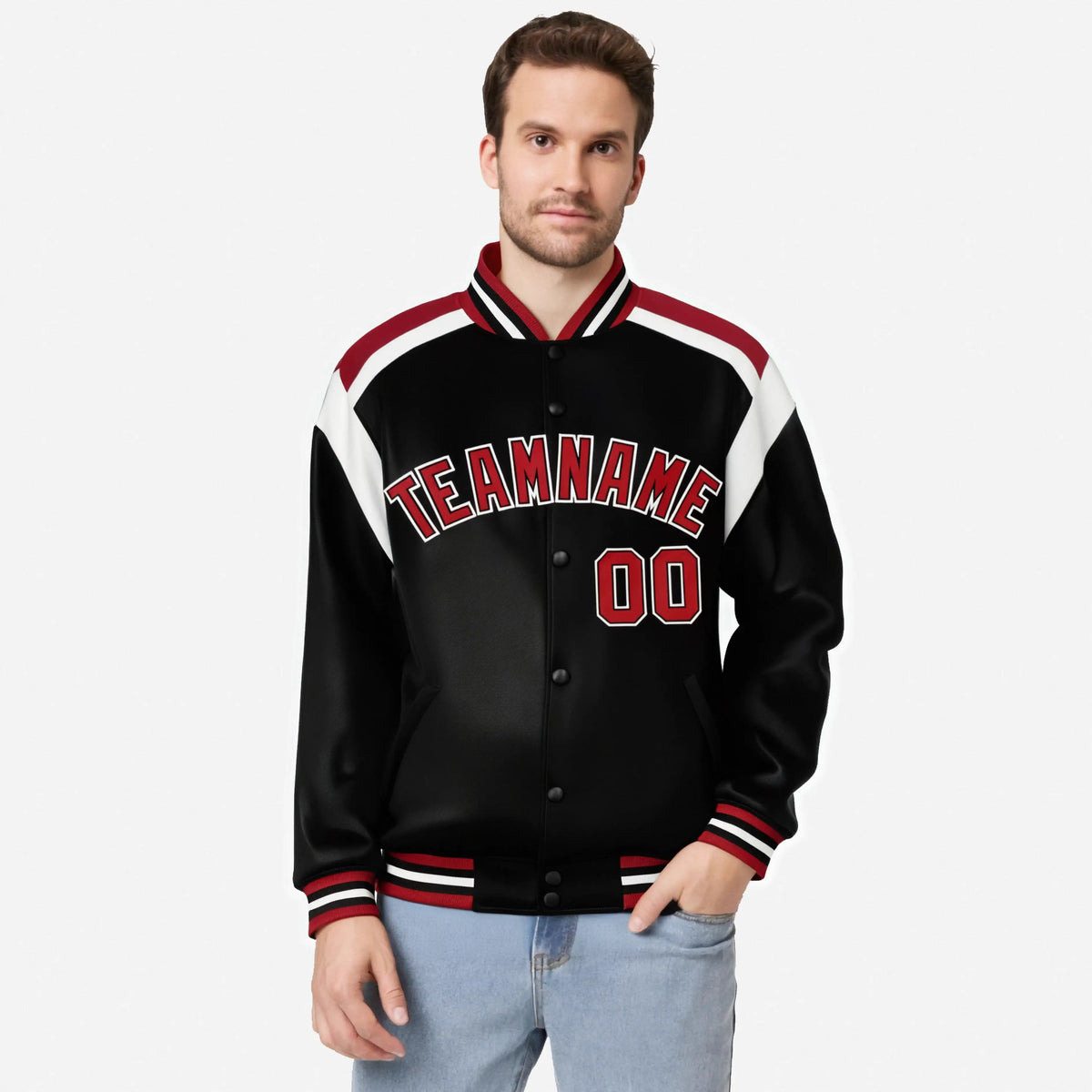 Custom Black Red-White Bomber Full-Snap Varsity Letterman Shoulder Stripe Jacket
