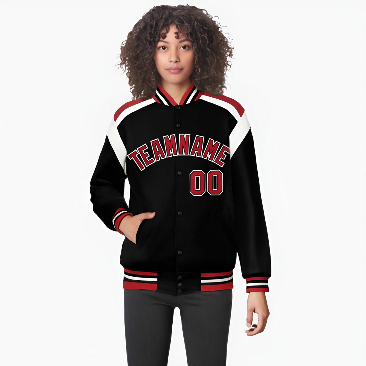 Custom Black Red-White Bomber Full-Snap Varsity Letterman Shoulder Stripe Jacket