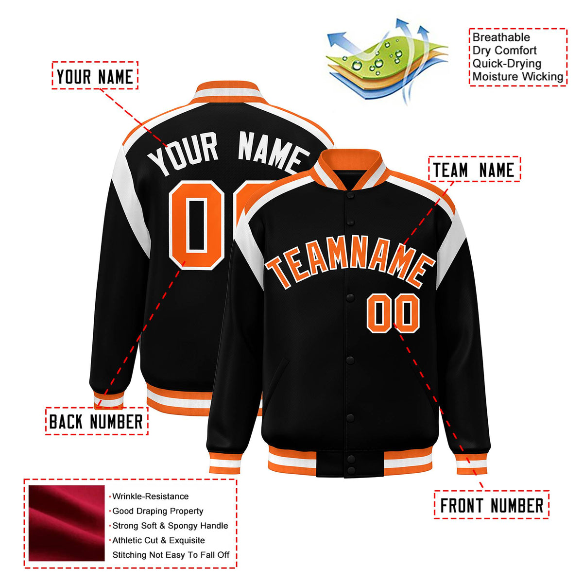 Custom Black Orange-White Bomber Full-Snap Varsity Letterman Shoulder Stripe Jacket