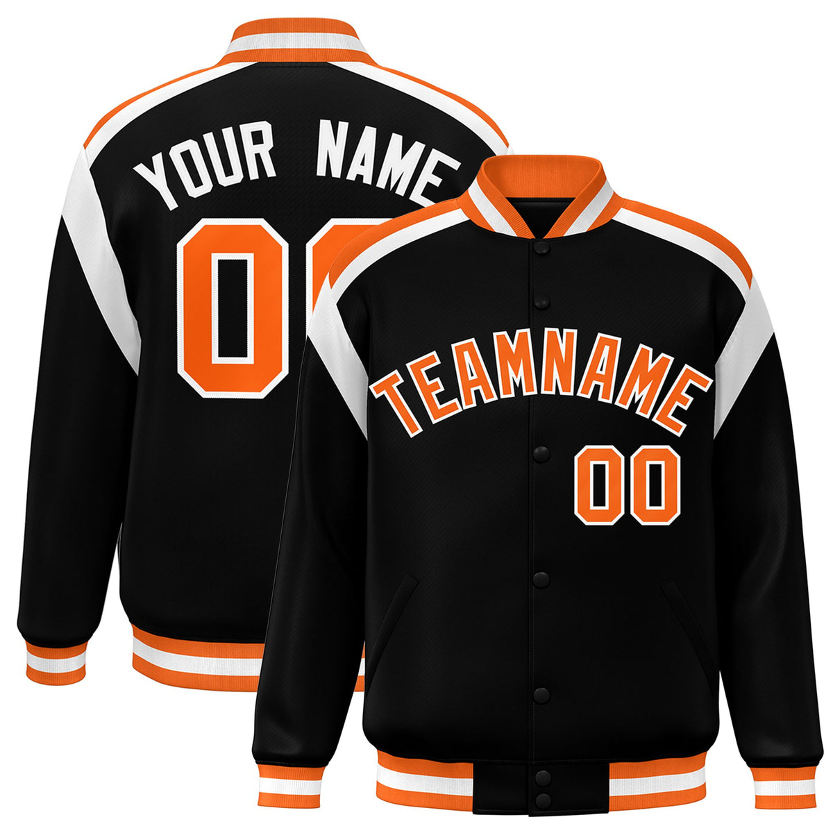 Custom Black Orange-White Bomber Full-Snap Varsity Letterman Shoulder Stripe Jacket