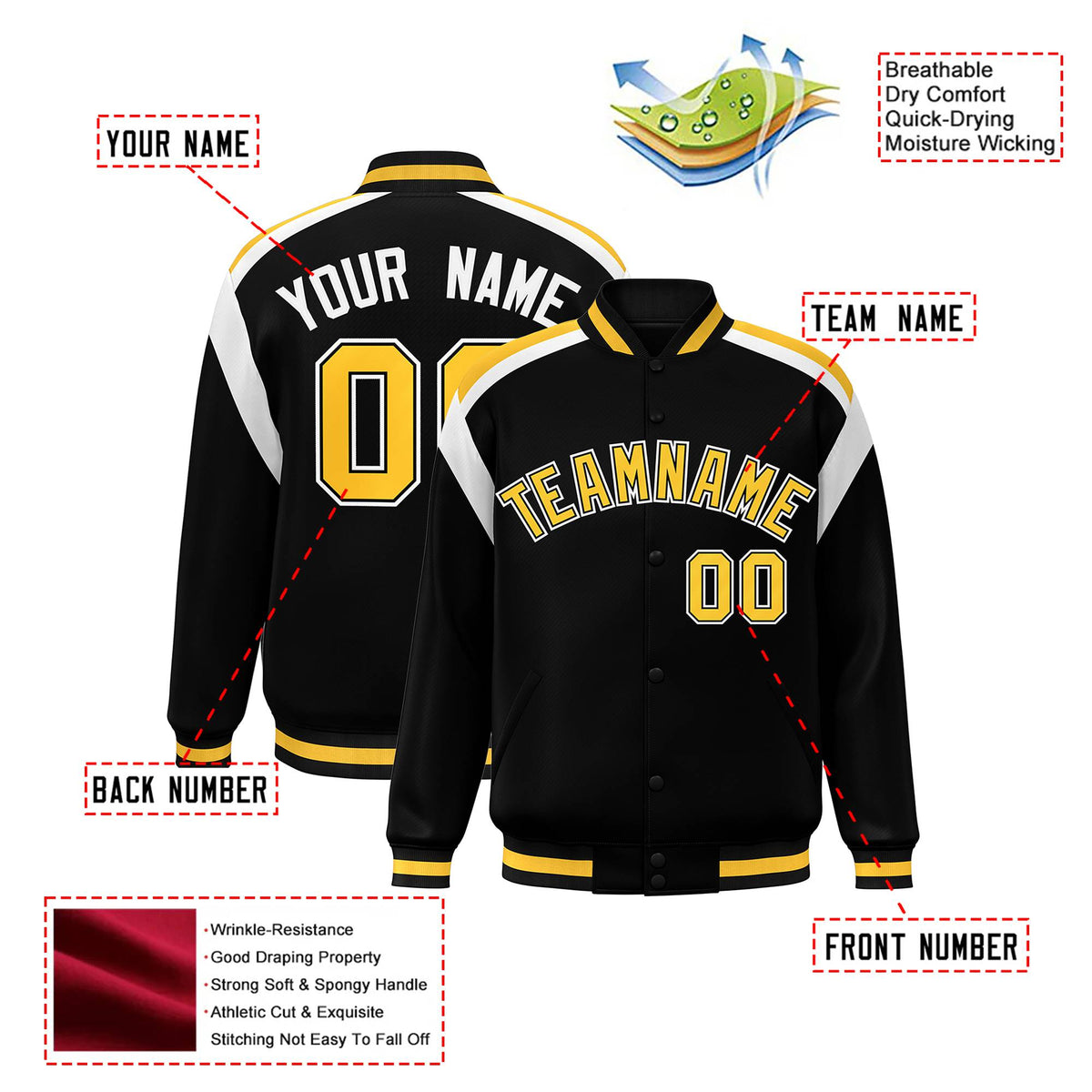 Custom Black Yellow-White Bomber Full-Snap Varsity Letterman Shoulder Stripe Jacket