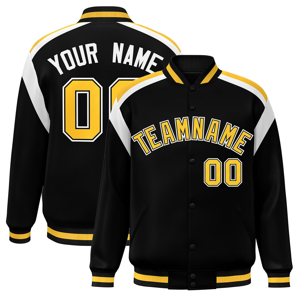 Custom Black Yellow-White Bomber Full-Snap Varsity Letterman Shoulder Stripe Jacket