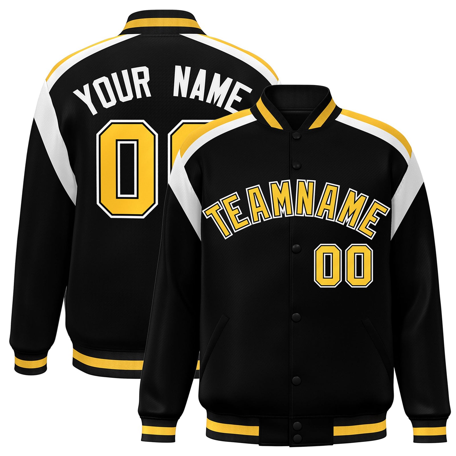 Custom Black Yellow-White Bomber Full-Snap Varsity Letterman Shoulder Stripe Jacket