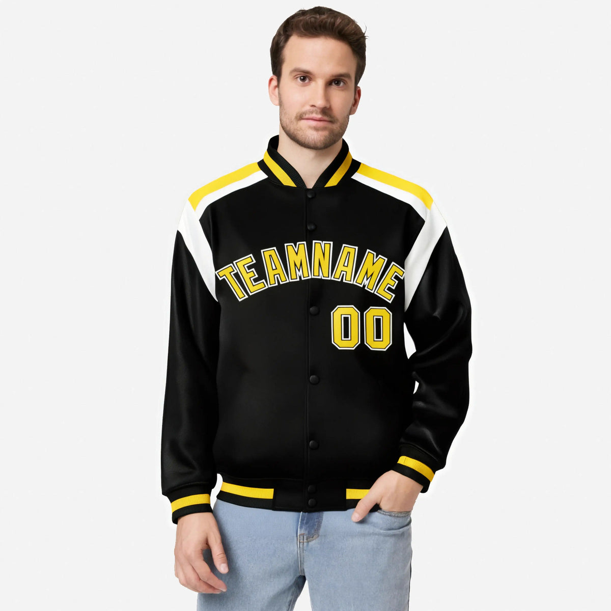 Custom Black Yellow-White Bomber Full-Snap Varsity Letterman Shoulder Stripe Jacket