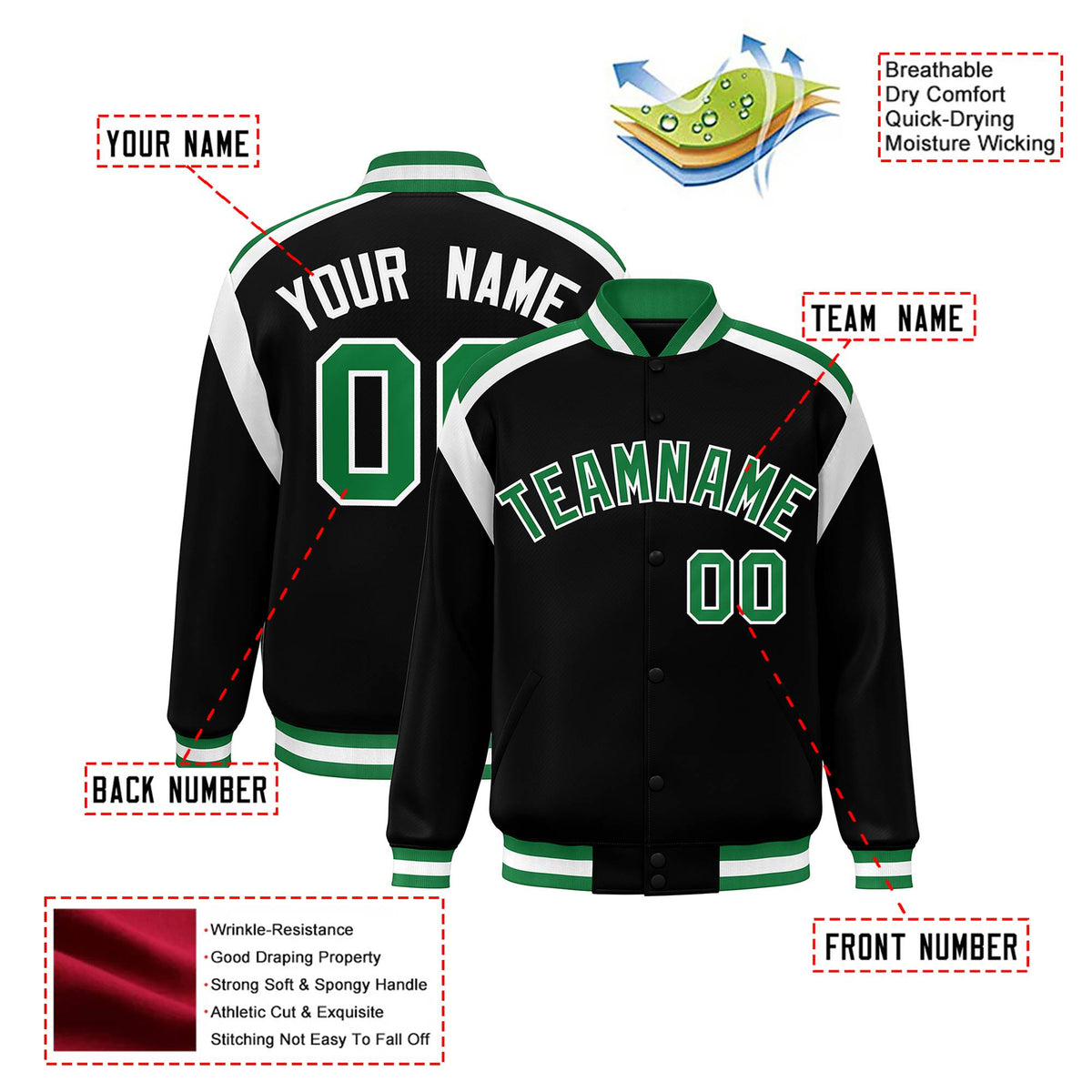 Custom Black Green-White Bomber Full-Snap Varsity Letterman Shoulder Stripe Jacket