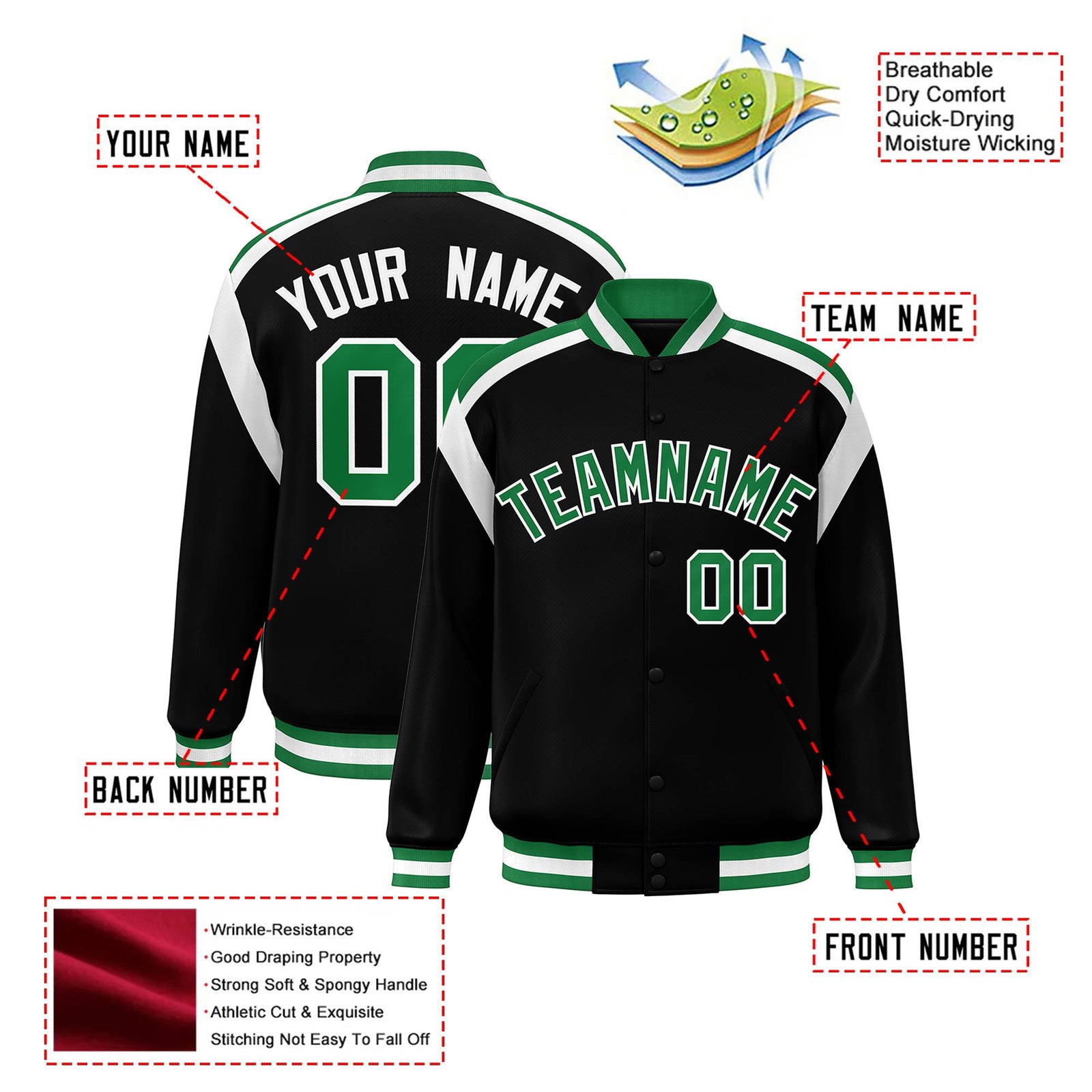 Custom Black Green-White Bomber Full-Snap Varsity Letterman Shoulder Stripe Jacket