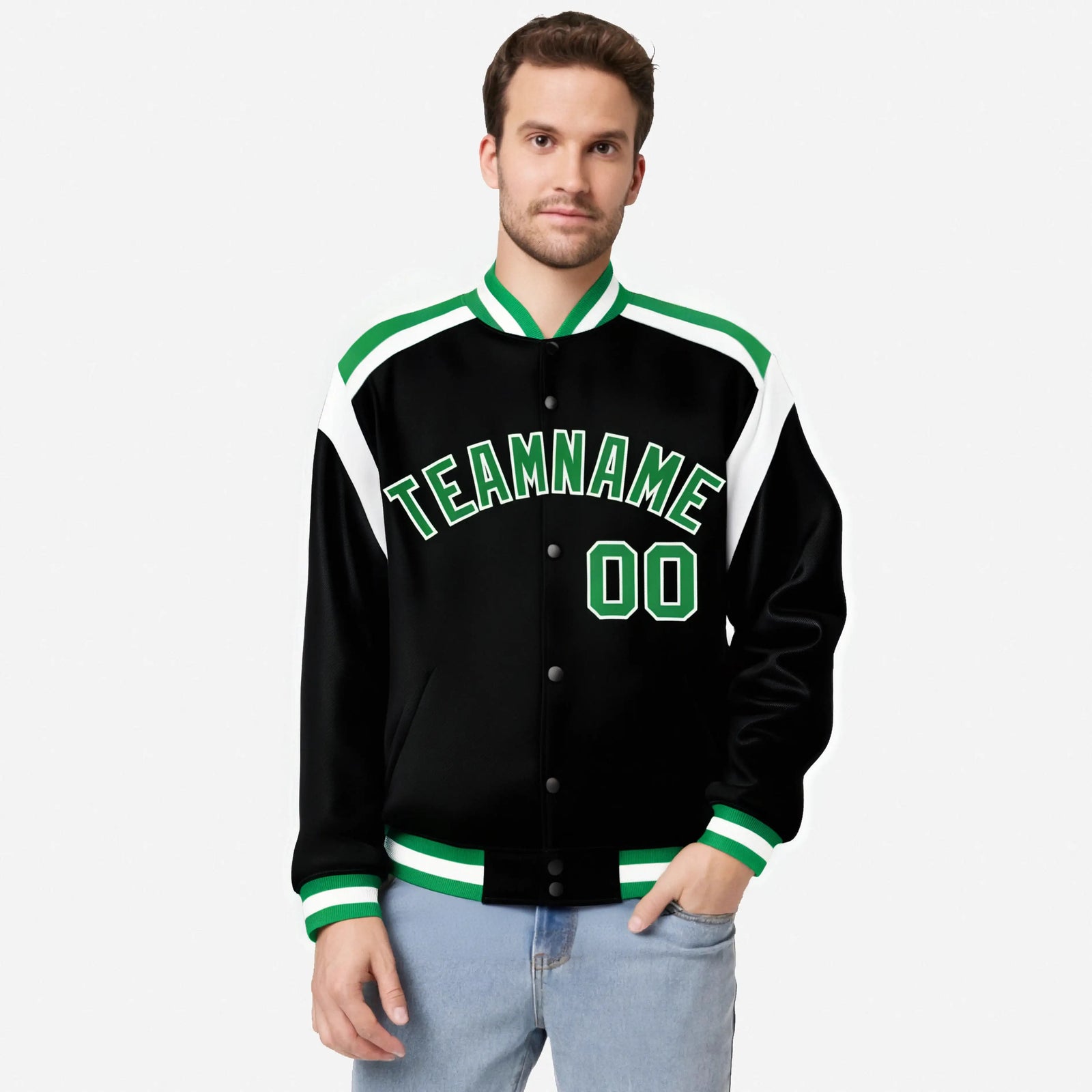 Custom Black Green-White Bomber Full-Snap Varsity Letterman Shoulder Stripe Jacket