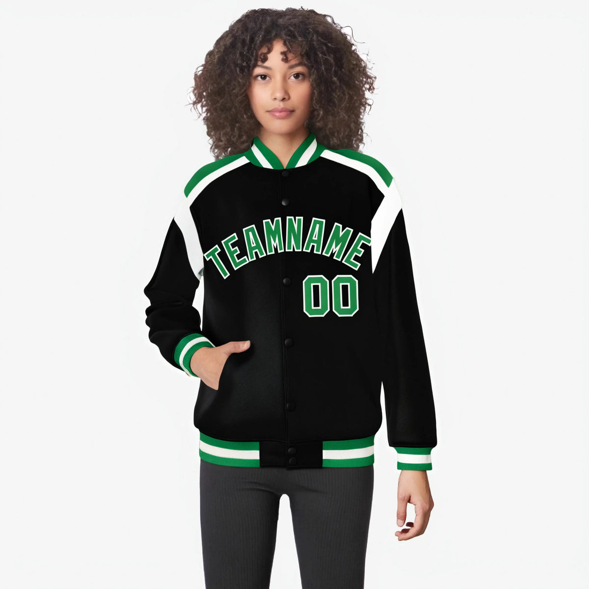 Custom Black Green-White Bomber Full-Snap Varsity Letterman Shoulder Stripe Jacket