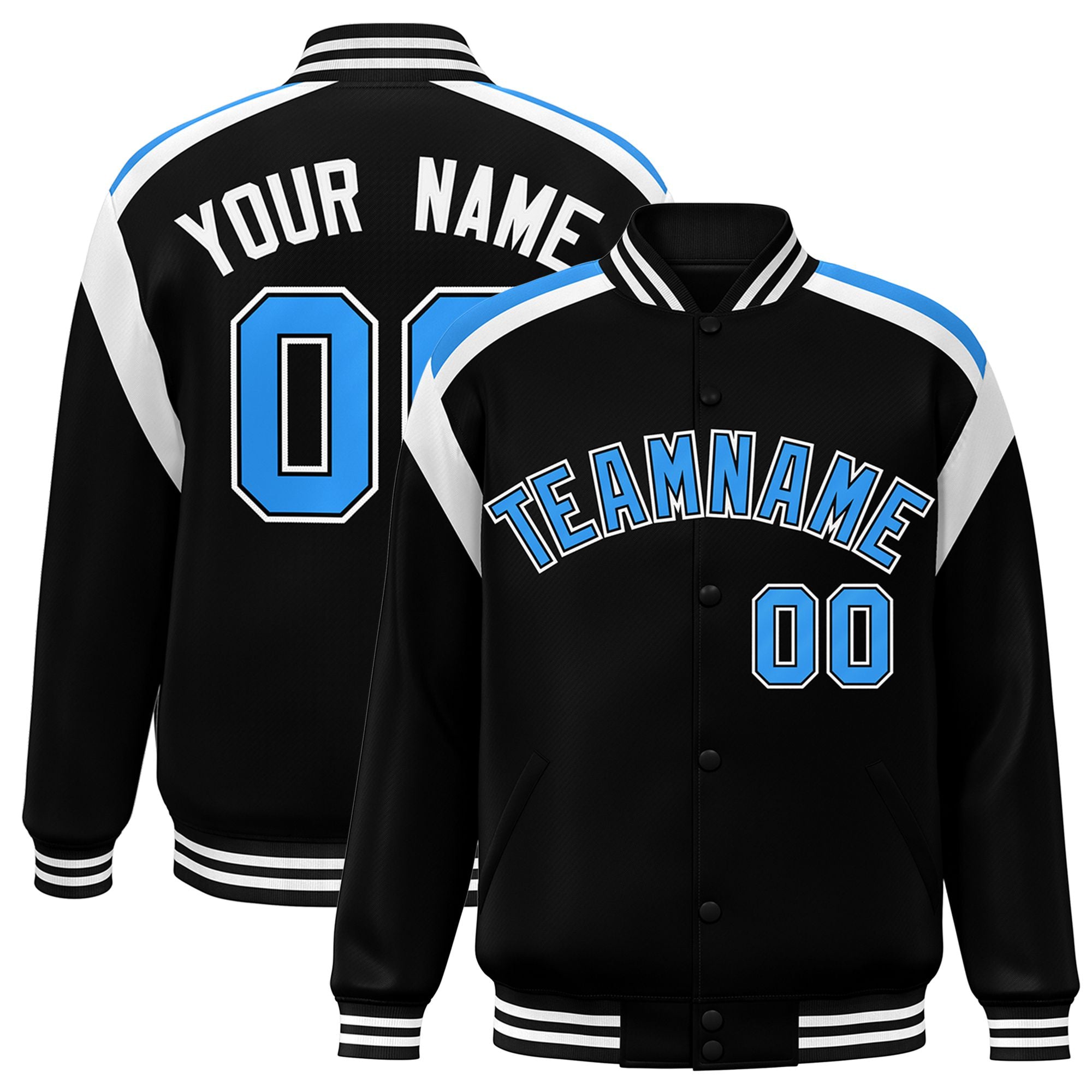 Custom Black Blue-White Bomber Full-Snap Varsity Letterman Shoulder Stripe Jacket