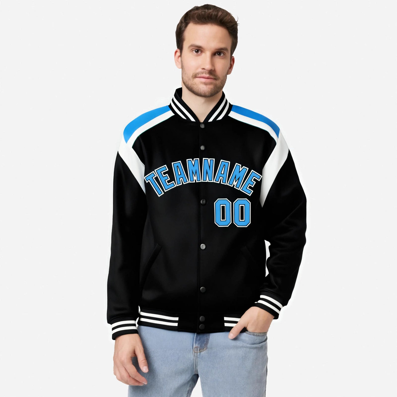 Custom Black Blue-White Bomber Full-Snap Varsity Letterman Shoulder Stripe Jacket
