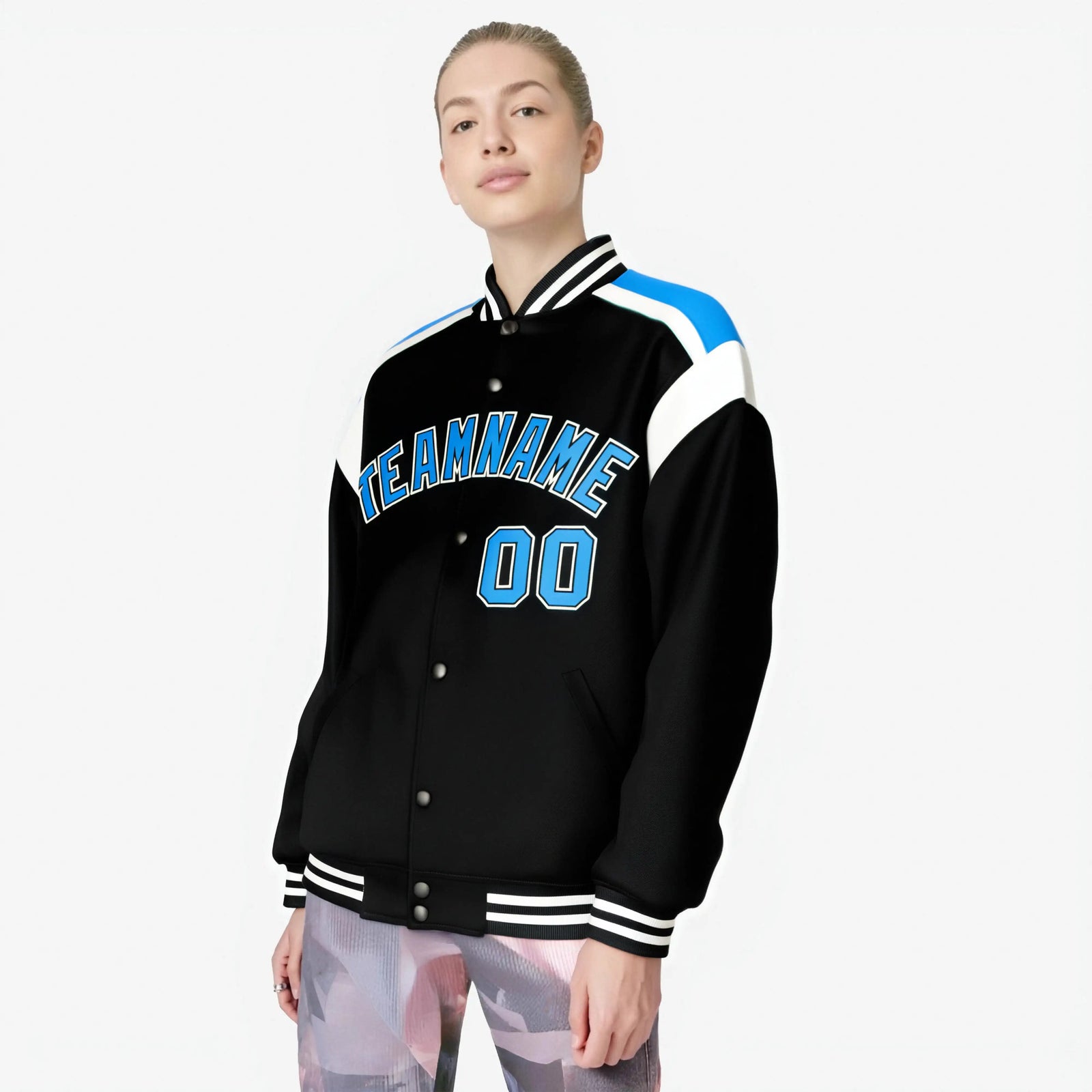Custom Black Blue-White Bomber Full-Snap Varsity Letterman Shoulder Stripe Jacket