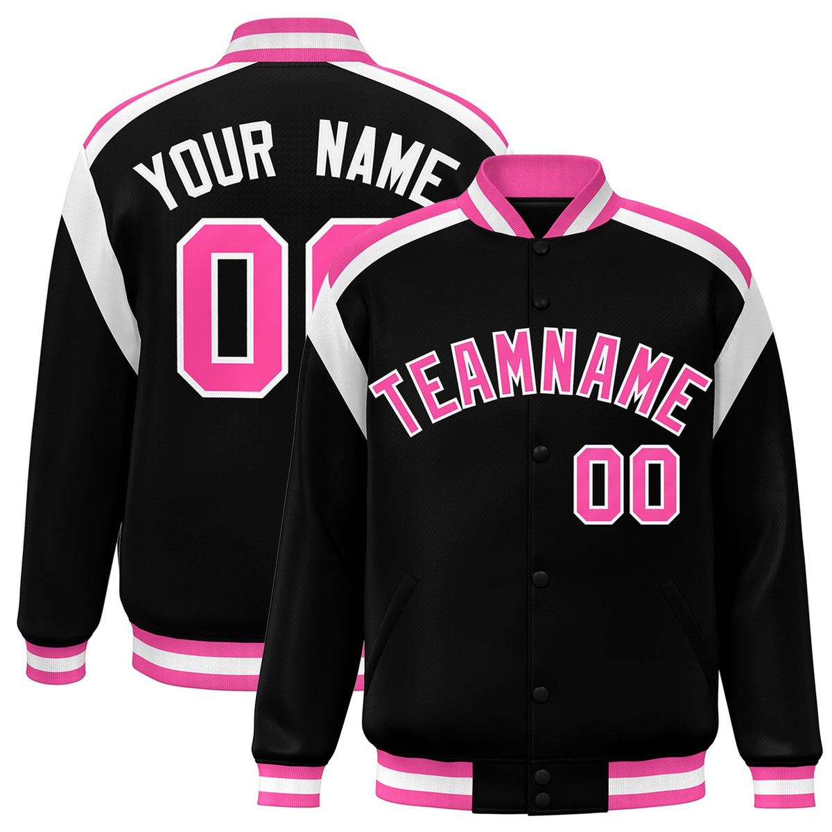 Custom Black Pink-White Bomber Full-Snap Varsity Letterman Shoulder Stripe Jacket