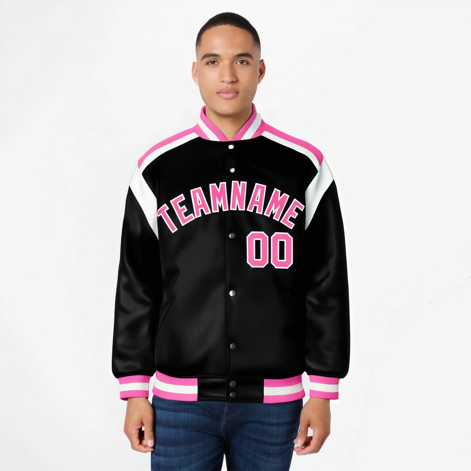 Custom Black Pink-White Bomber Full-Snap Varsity Letterman Shoulder Stripe Jacket