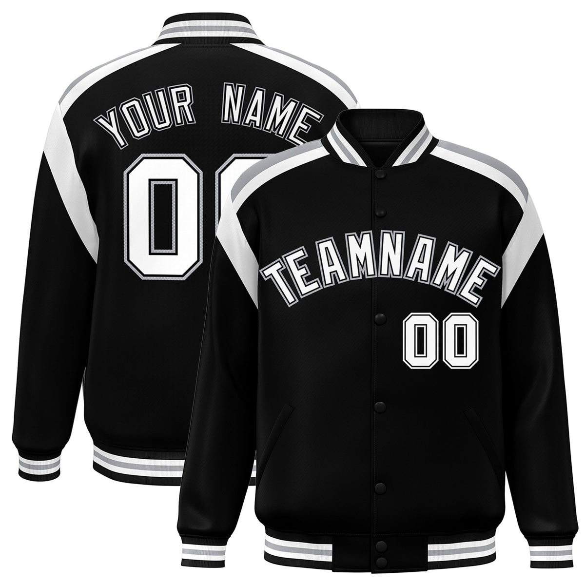 Custom Black Gray-White Bomber Full-Snap Varsity Letterman Shoulder Stripe Jacket