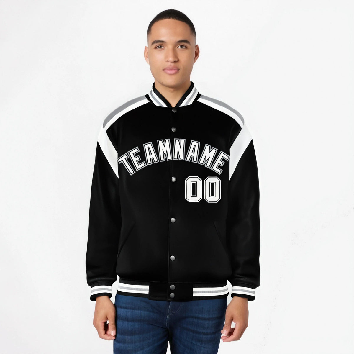 Custom Black Gray-White Bomber Full-Snap Varsity Letterman Shoulder Stripe Jacket