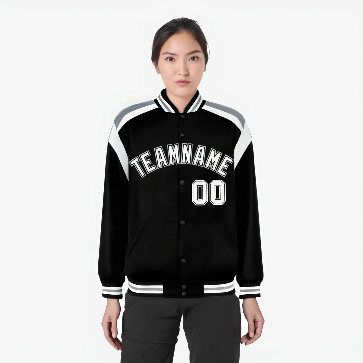 Custom Black Gray-White Bomber Full-Snap Varsity Letterman Shoulder Stripe Jacket