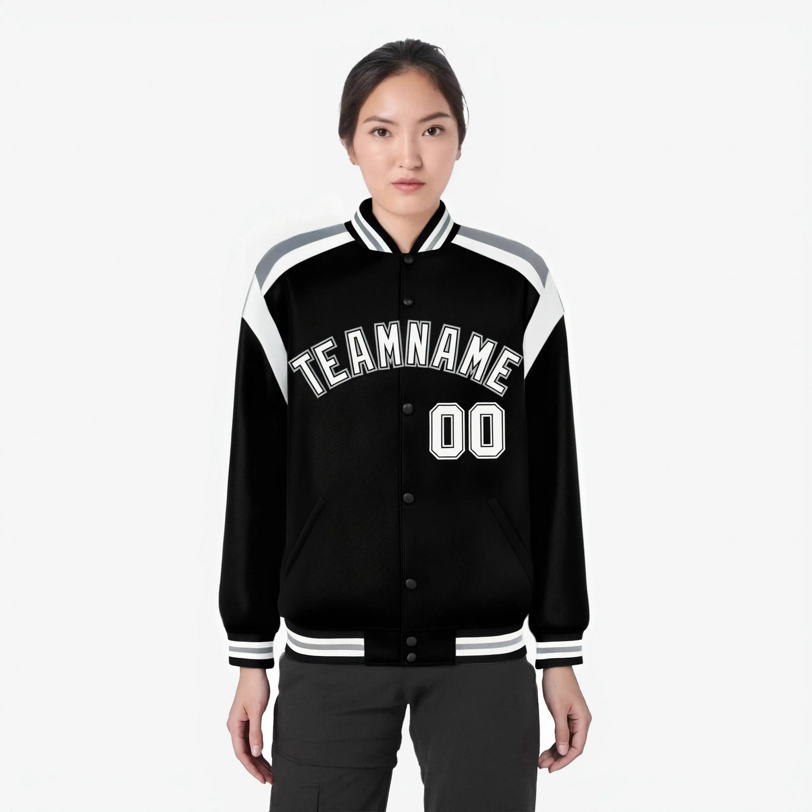 Custom Black Gray-White Bomber Full-Snap Varsity Letterman Shoulder Stripe Jacket