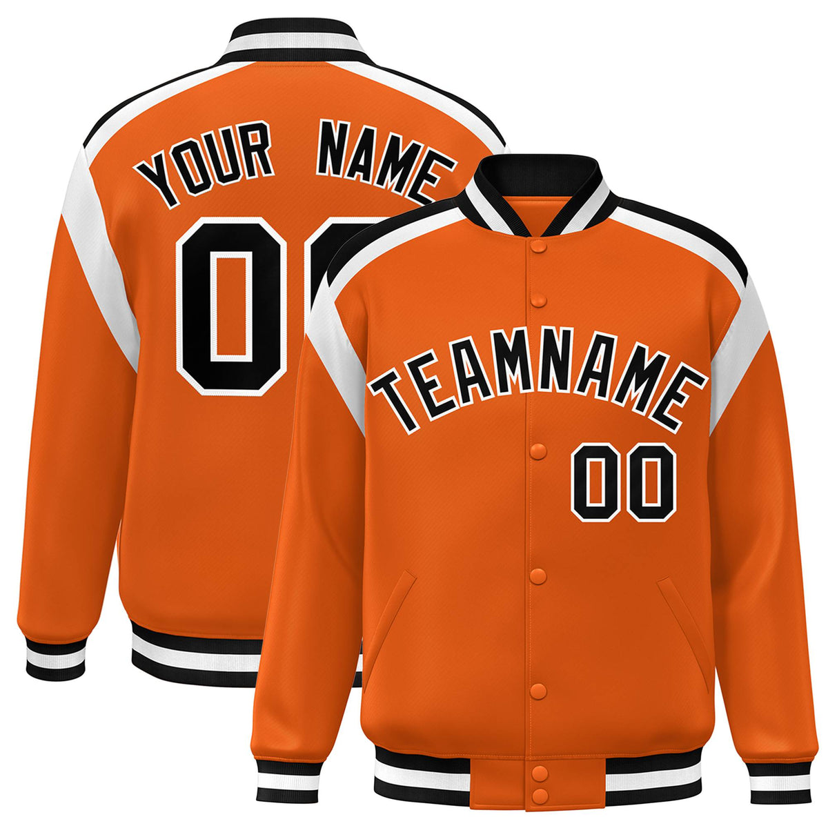 Custom Orange Black-White Bomber Full-Snap Varsity Letterman Shoulder Stripe Jacket