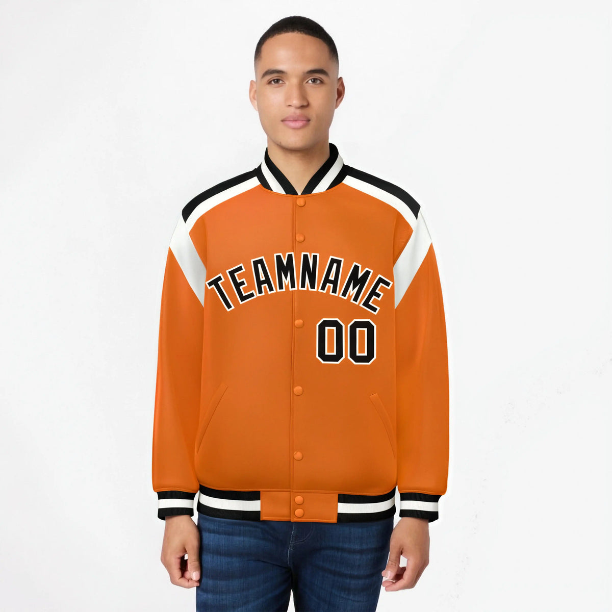 Custom Orange Black-White Bomber Full-Snap Varsity Letterman Shoulder Stripe Jacket