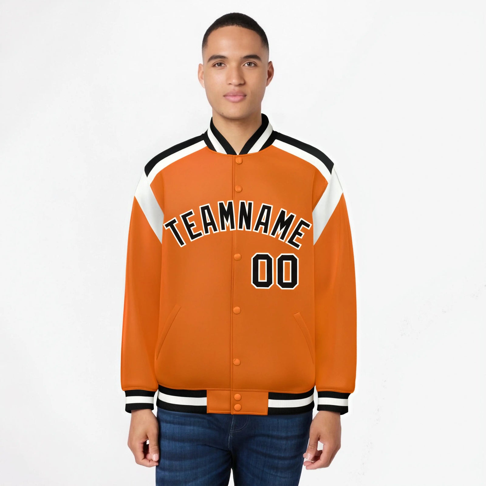 Custom Orange Black-White Bomber Full-Snap Varsity Letterman Shoulder Stripe Jacket