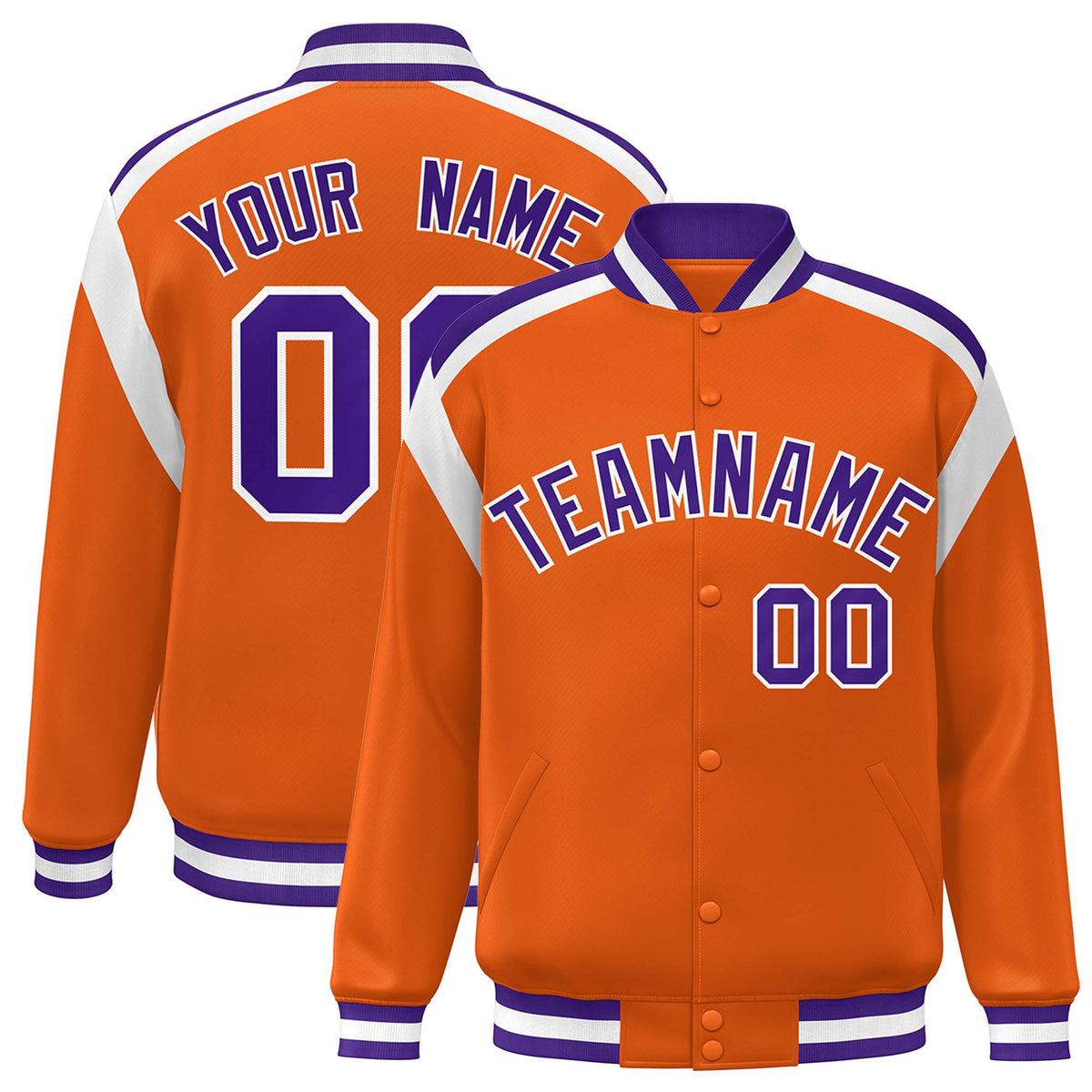 Custom Orange Purple-White Bomber Full-Snap Varsity Letterman Shoulder Stripe Jacket
